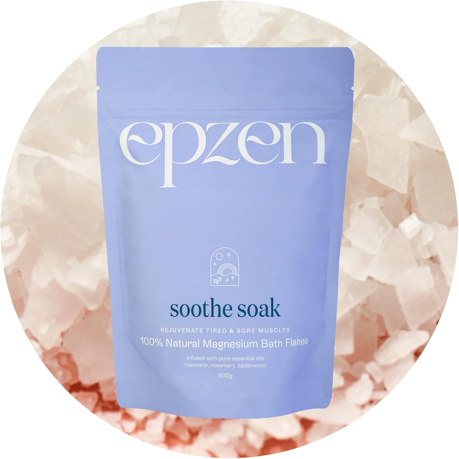 Epzen Soothe Soak Natural Magnesium Bath Flakes with Essential Oils - Epsom Salt Alternative, Relaxing Bath Salts for Post-Workout Recovery & Stress Relief - Scoop & Unwind in a Steamy Bath - 500G