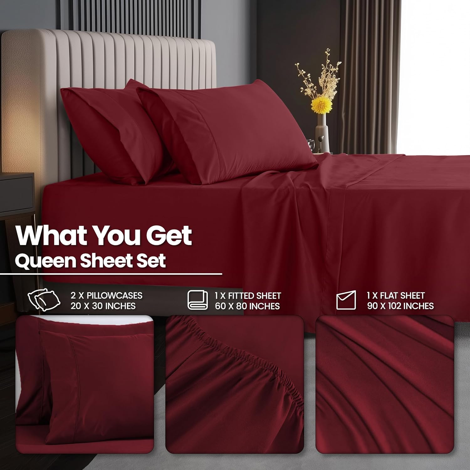 Utopia Bedding Deep Pocket Queen Sheet Set &ndash; Fits Mattresses up to 21 Inches &ndash; Cooling, Soft & Breathable &ndash; Oeko-Tex 4 Piece Bed Sheets (Burgundy) image number 3