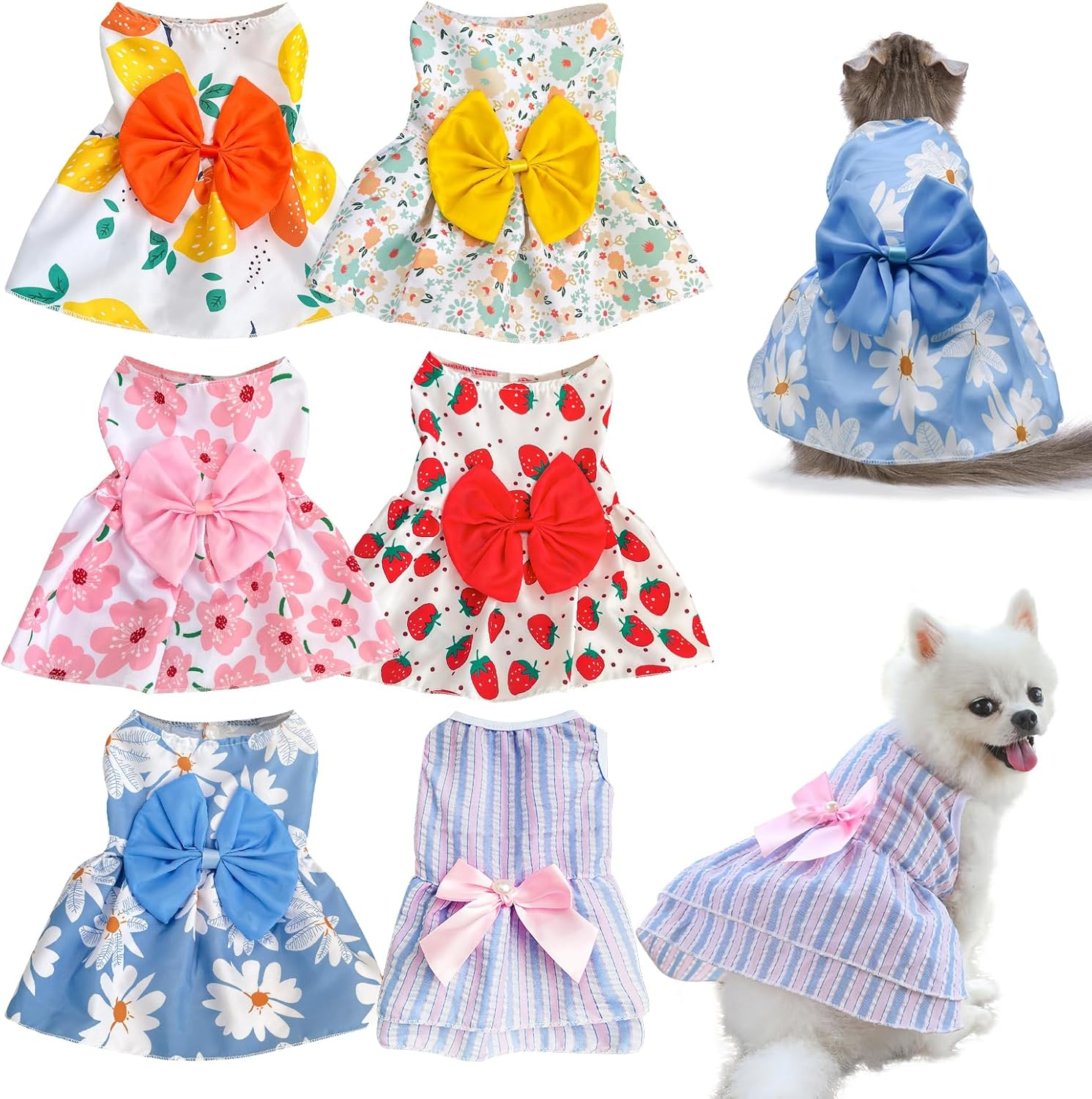 KATOLK 6 Pieces Dog Dresses for Small Dogs Girls, Cute Princess Puppy Kitten Dog Dresses with Flowers and Bowknot for Pet Cats, Small Dogs' Outfits Female Pet Skirts Clothes for Chihuahua Yorkies image number 5