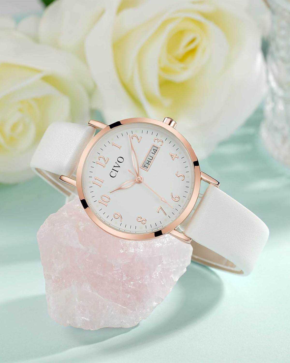 CIVO Ladies Watches for Women Leather Strap Analog Easy to Read Large Face Date Wrist Watch Waterproof Fashion Simple Elegant Quartz Watch - A White image number 6