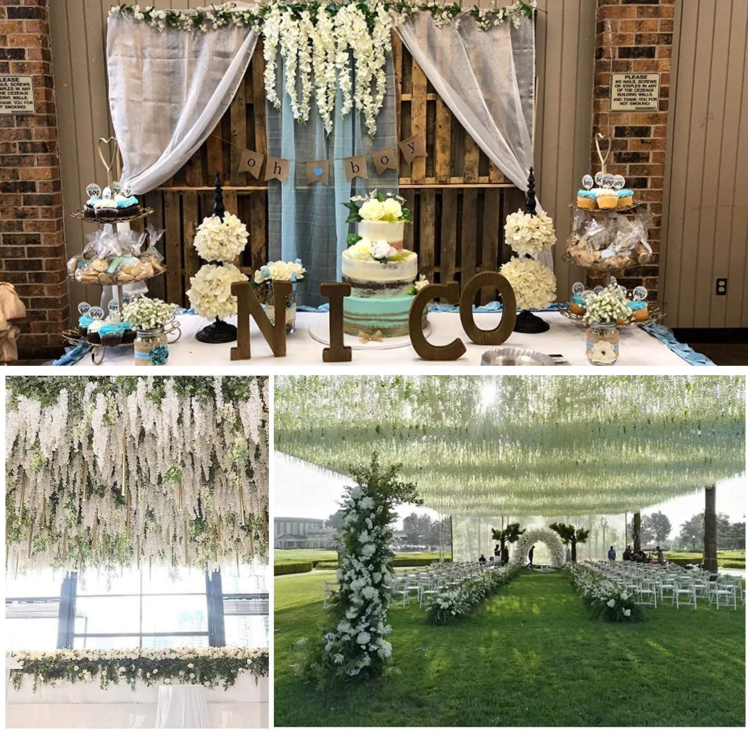 Fake Hanging Flowers - 12 Pieces 3.75 Feet/Piece Artificial Wisteria Vine Ratta Hanging Garland Silk Flowers for Home Party Wedding Decor (White) image number 4