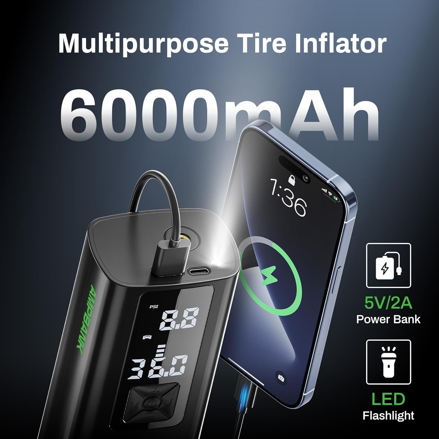 Tire Inflator Portable, AT003 Air Compressor for Car Tires, Tire Inflator 150PSI with 6000Mah Battery, Pressure Gauge & LED Screen, Auto Air Pump for Car, Motorcycle, Bike, Ball