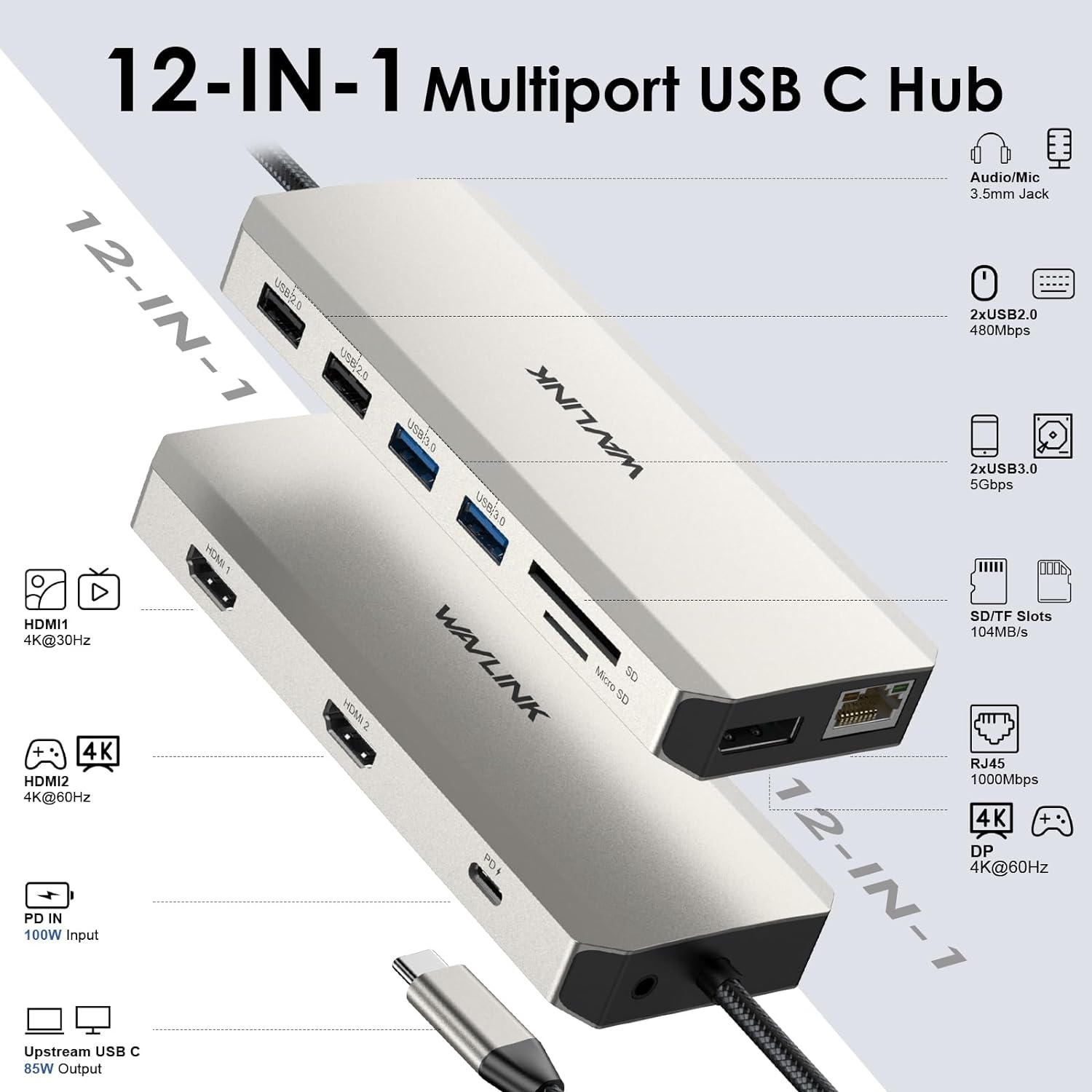 WAVLINK 12-In-1 USB C Hub Docking Station, Triple Display Type-C Adapter with 2Xhdmi and Display Port, 100W PD3.0 Charging, Ethernet, Audio Jack and 2 USB 3.0 & 2 USB2.0 Ports image number 6
