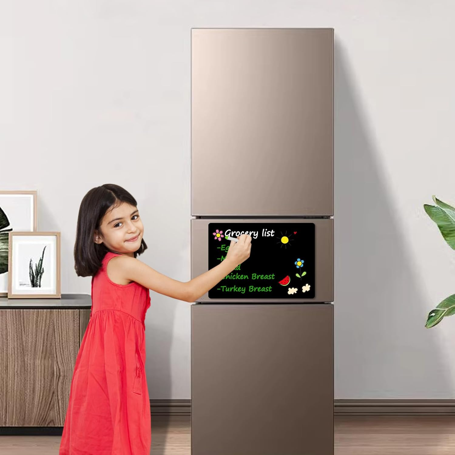 A4 2 Pcs Black Magnetic Dry Erase Whiteboard Sheet for Fridge,Small Magnet Fridge Message Boards with Pens,1 Eraser,Reminder Sticker, Monthly Planner, Grocery List image number 2