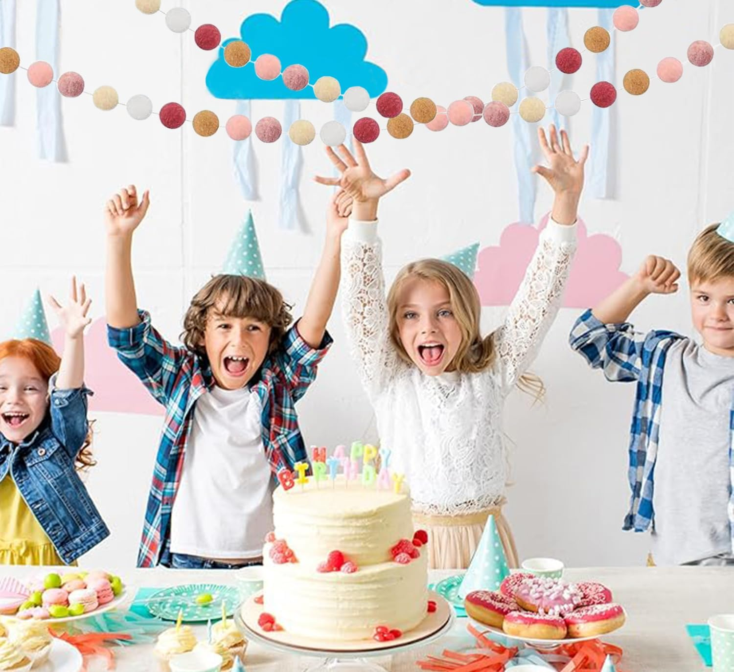 Pom Pom Felt Ball Garland, 6.6 Feet, 30 Balls, Colourful Boho Decor for Party, Home, Nursery, 3 Pieces (Rose Pink) image number 2