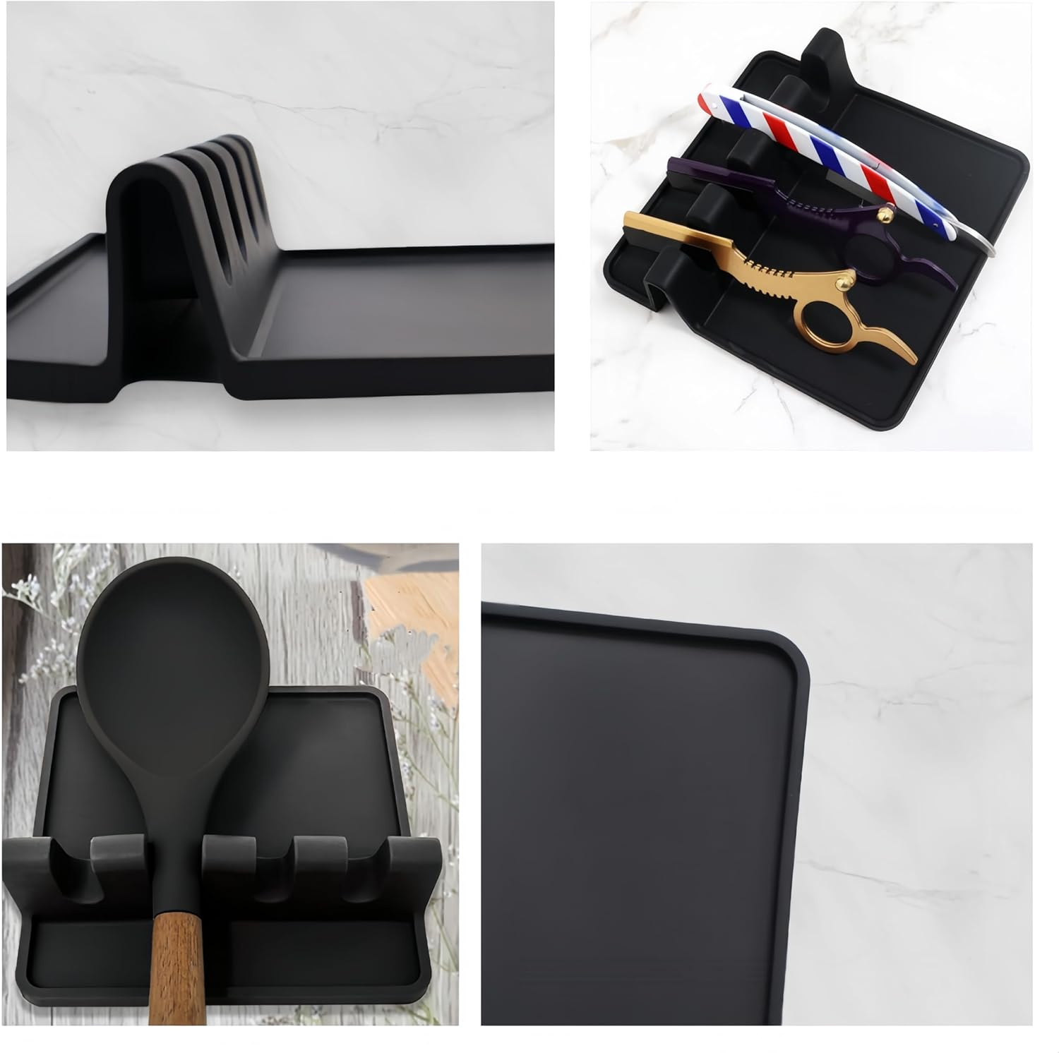 Kitchen Silicone Utensil Rest with Drip Pad,Caasfooy 2 Pcs Silicone Spoon Rest for Kitchen, Multi-Functional Kitchen Utensils Holder Heat-Resistant Spoon Rest Kitchen Accessories (Black) image number 1