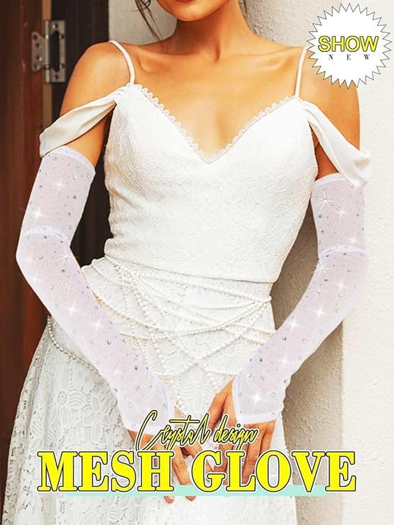 Rhinestone Long Fingerless Gloves Sparkly Tulle Sheer Gloves Mesh Event Stretch Party Accessories for Women image number 1