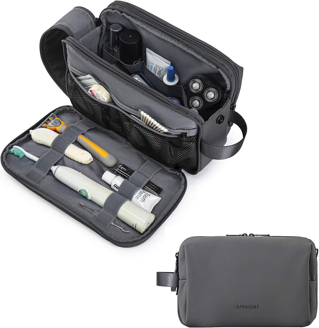 BAGSMART Toiletry Bag for Men, Travel Toiletry Organizer Dopp Kit Water-Resistant Shaving Bag for Toiletries Accessories, Door Room Essentials, Black, Standard, Pu Leather