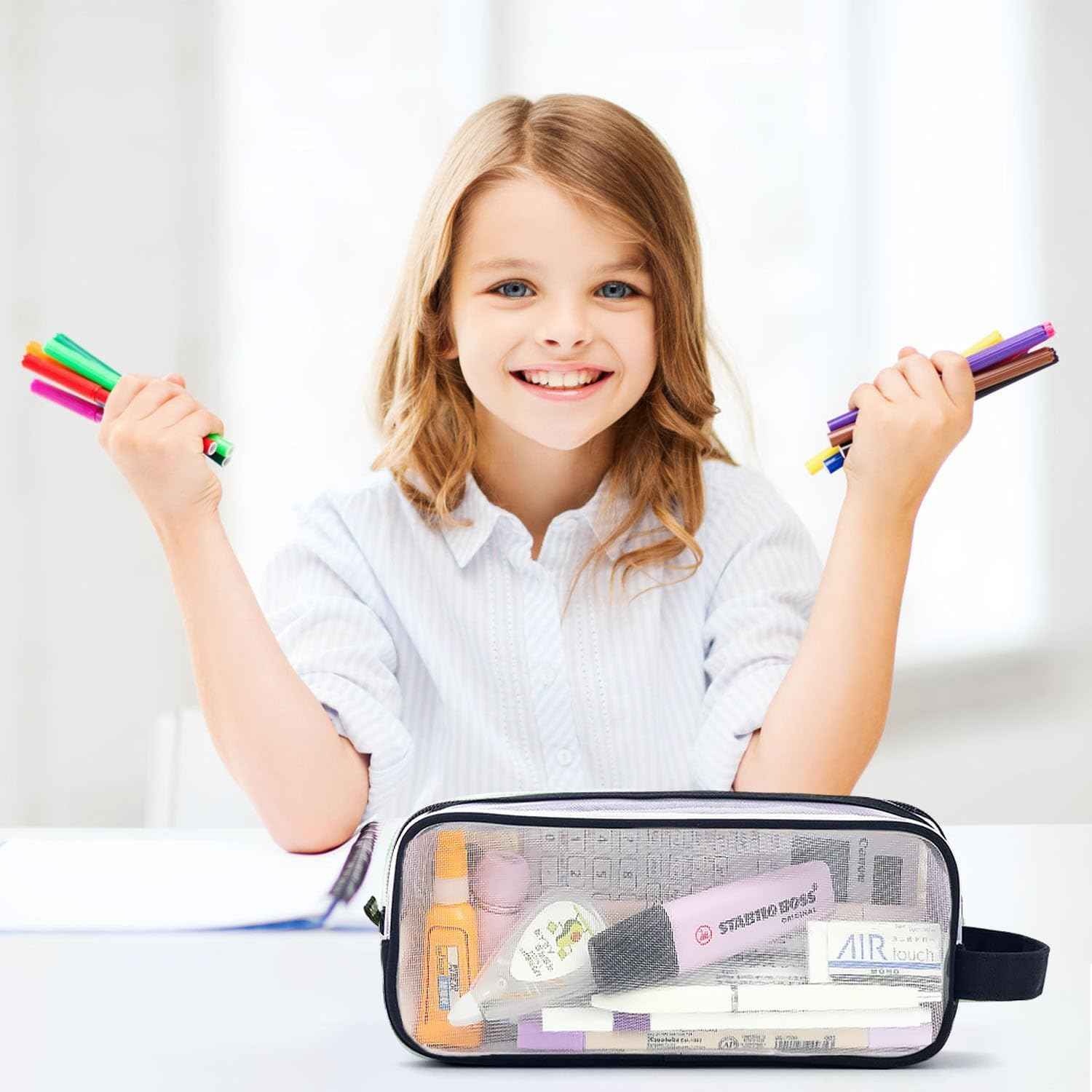 Large Grid Mesh Pencil Case 2 Compartments, Clear Pen Pencil Pouch with Zipper, Multifunction Transparent Stationery Bag for Student College Office Teen Boys Girls Makeup Bag for Adult Travel ( image number 6