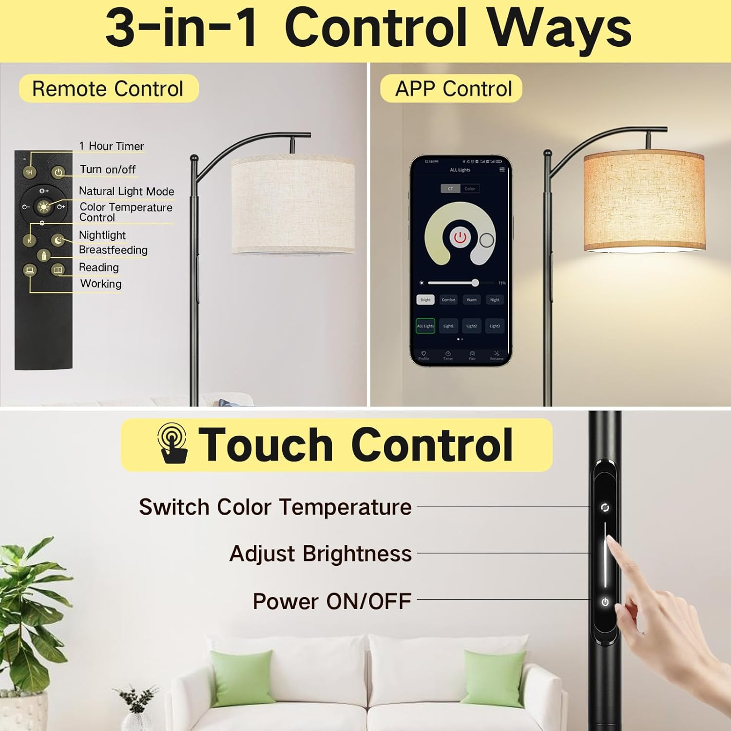 GOOGO Floor Lamp Living Room with Adjustable Angle Linen Lampshade, 3 Colour Temperatures, Floor Lamp Dimmable with Touch Control, App and Remote Control, 1-Hour Timer, for Home Office, Bedroom image number 1