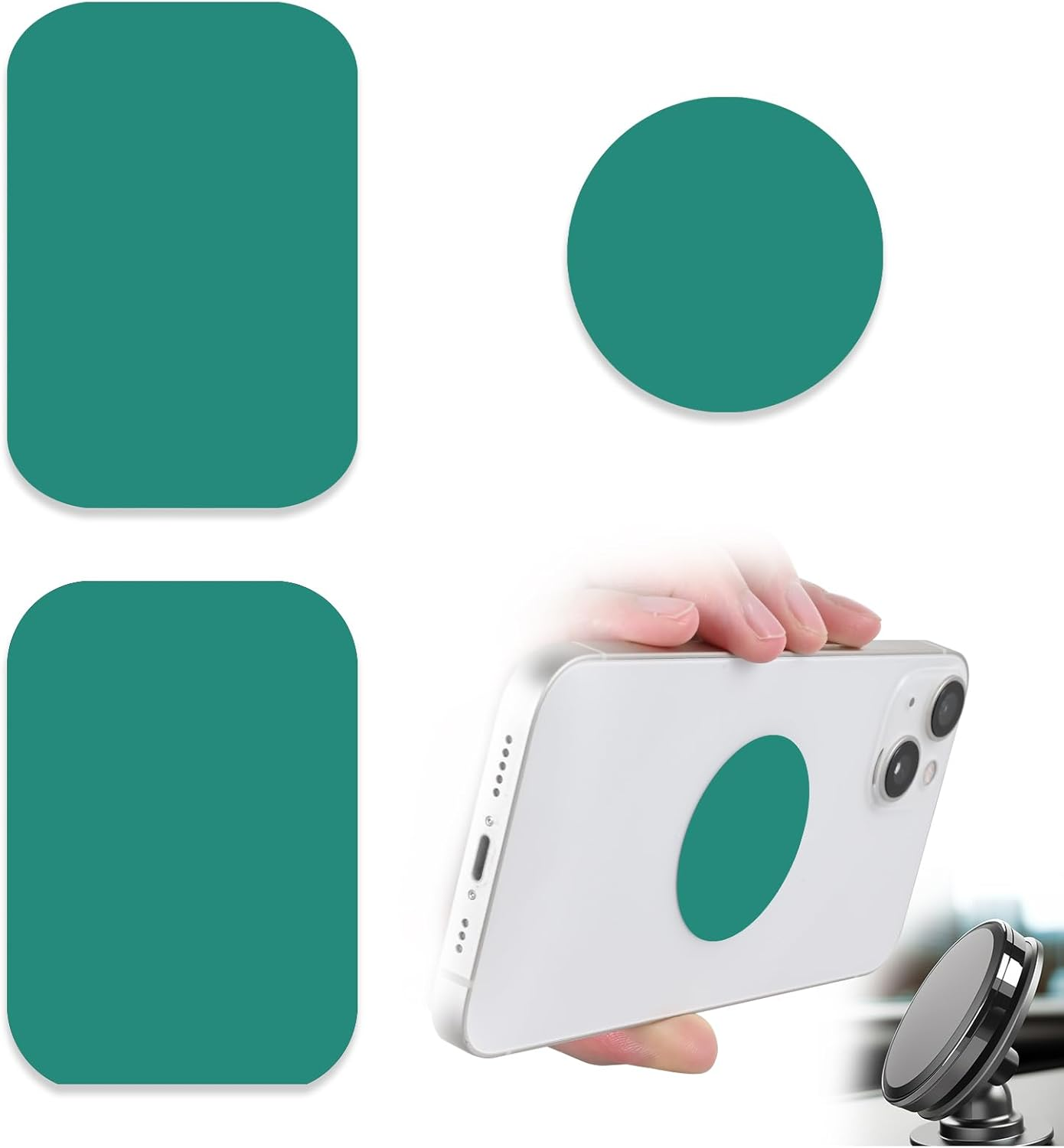 Phone Magnets for Back of Phone, Universal Metal Plates, 2 Rectangular and 2 round with Adhesive, Car Phone Magnets (White)