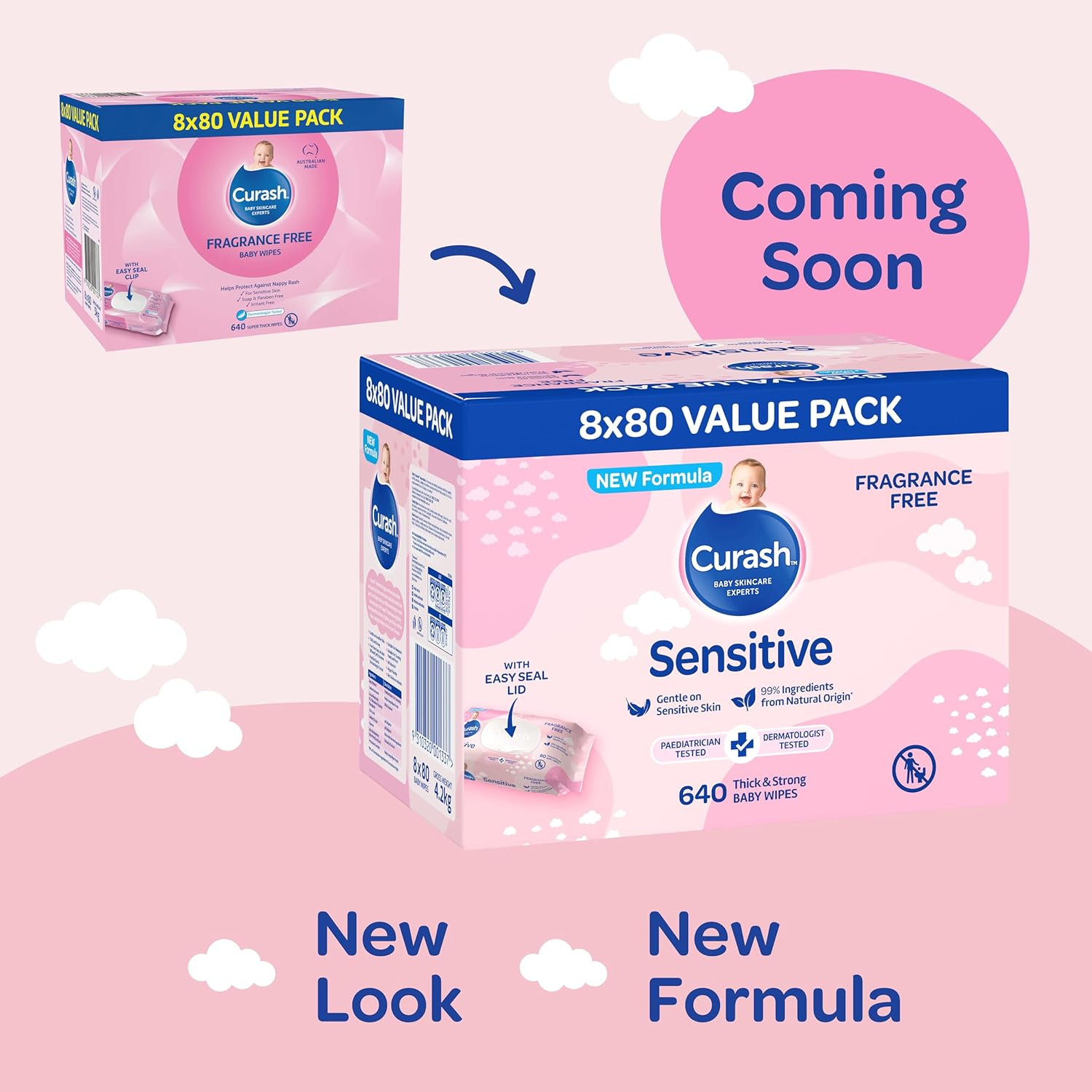 New Formula Curash Fragrance Free Baby Wipes, 8X80 Pack, for Sensitive Skin, Suitable for Newborns, Thick & Soft Texture, No Soap, Alcohol or Parabens, Everyday Cleansing and Nappy Changes, 640 Wipes image number 6