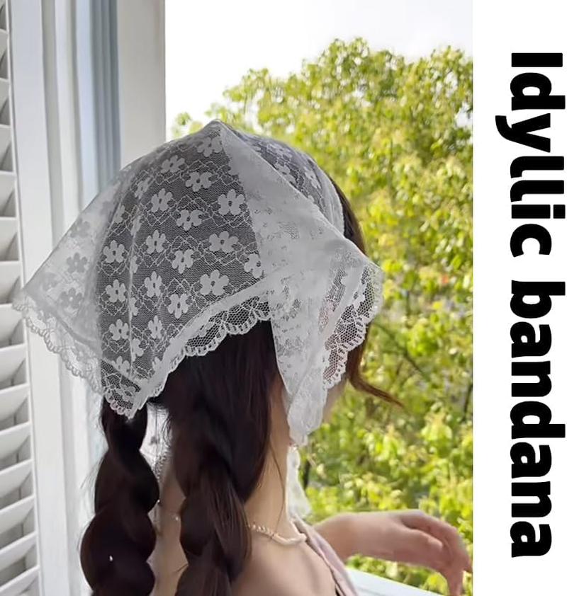 Lace Head Scarf for Women Girls Boho Flower Bandana Headband White Triangle Hair Scarfs Head Warp Lace Silk Headscarf Vintage Knit Hair Scarf for Short Long Hair Accessories image number 3