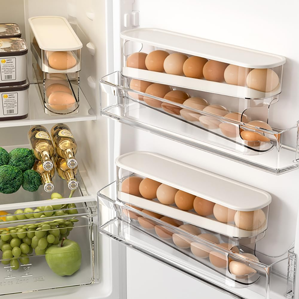 Egg Holder for Fridge, Automatic Rolling Egg Container for Refrigerator, Stackable Fridge Organizers and Storage with Lid, Clear Plastic Egg Dispenser & Tray image number 4