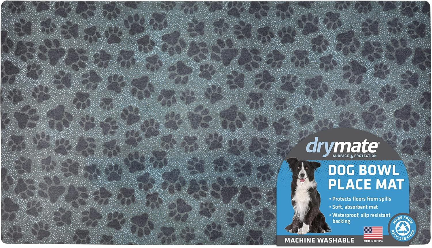 Drymate Pet Bowl Placemat, Dog & Cat Food Feeding Mat - Absorbent Fabric, Waterproof Backing, Slip-Resistant - Machine Washable/Durable (USA Made) (16&rdquo; X 28&rdquo;) (Paw Dots Black)