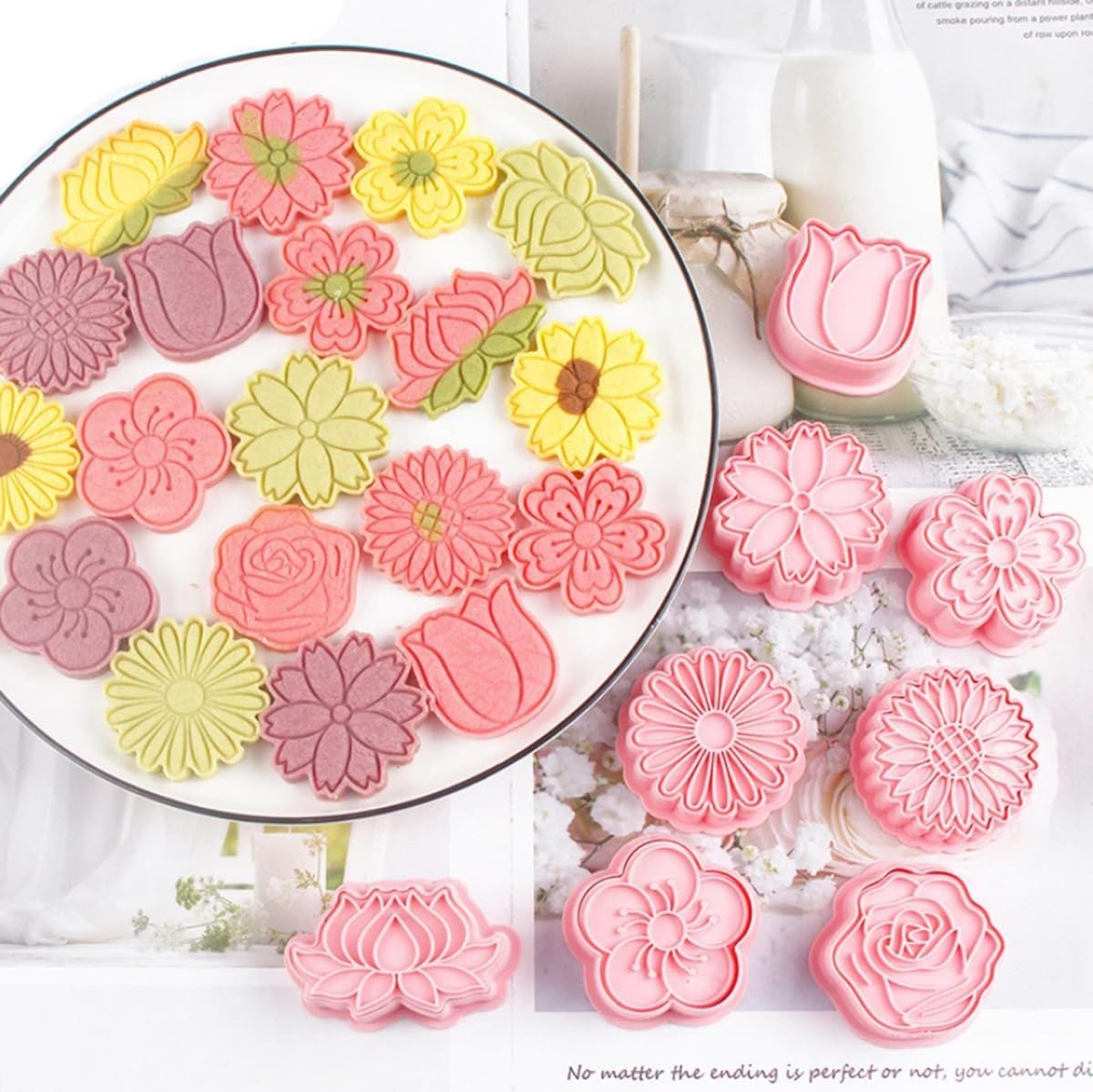 8PCS Flower Cookie Cutters with Plunger Stamps Set, Tulip Rose Daisy Cookie Plunger Stamps DIY Press Molds Birthday Party Baking Supplies Clay Biscuit Molds