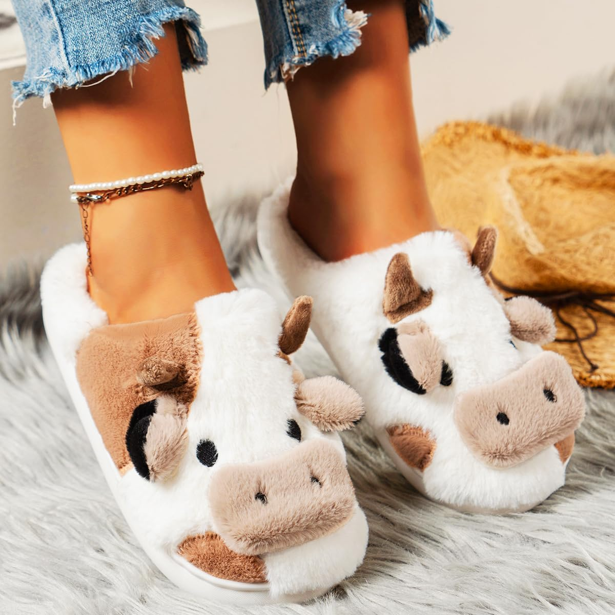 RAGEFIVE Cute Cow Slippers for Women Girls Fuzzy Plush Cotton Slippers Household Indoor Outdoor Slippers image number 5