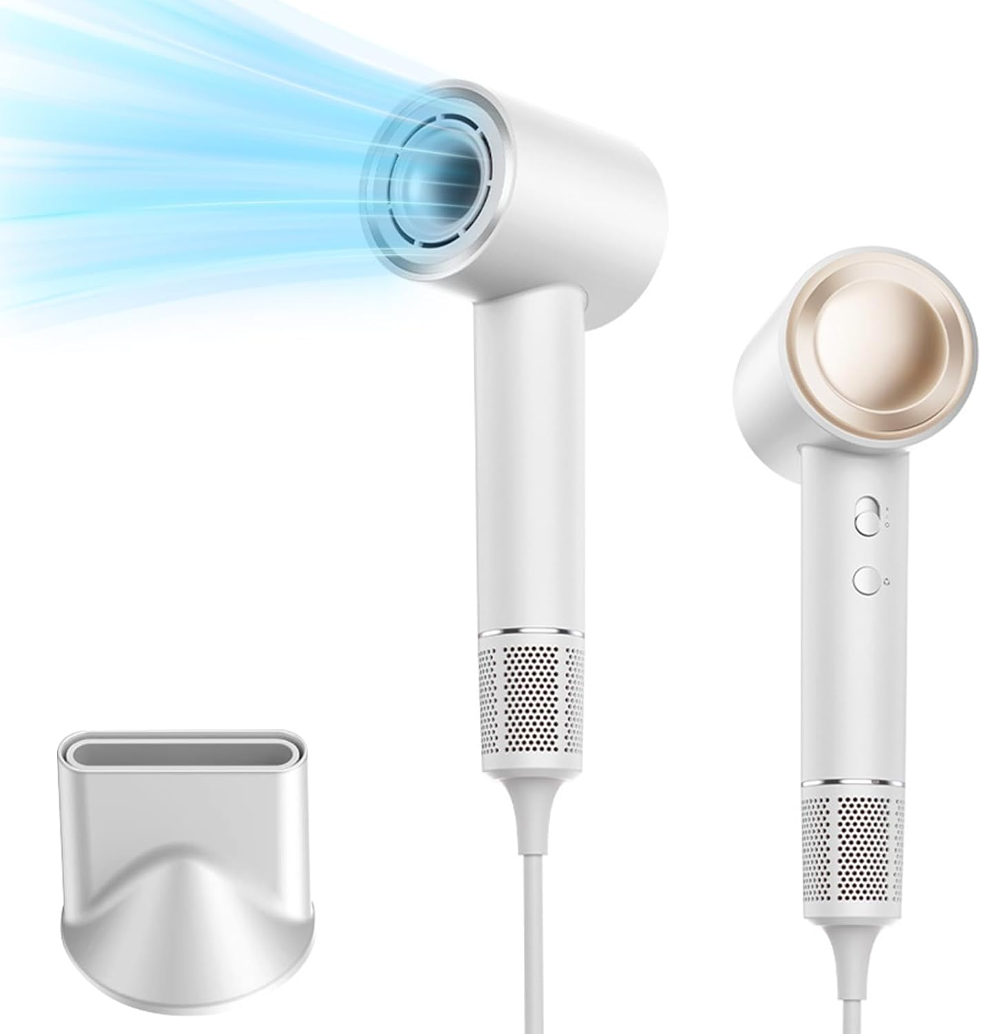 Menbyci White 1600W High Speed Hair Dryer,110000 RPM Brushless Motor Blow Dryer with Magnetic Concentrator Nozzle,Low Noise,2 Speeds and 4 Heat Settings Fast-Drying Hairdryer for Home,Travel,Salon image number 4