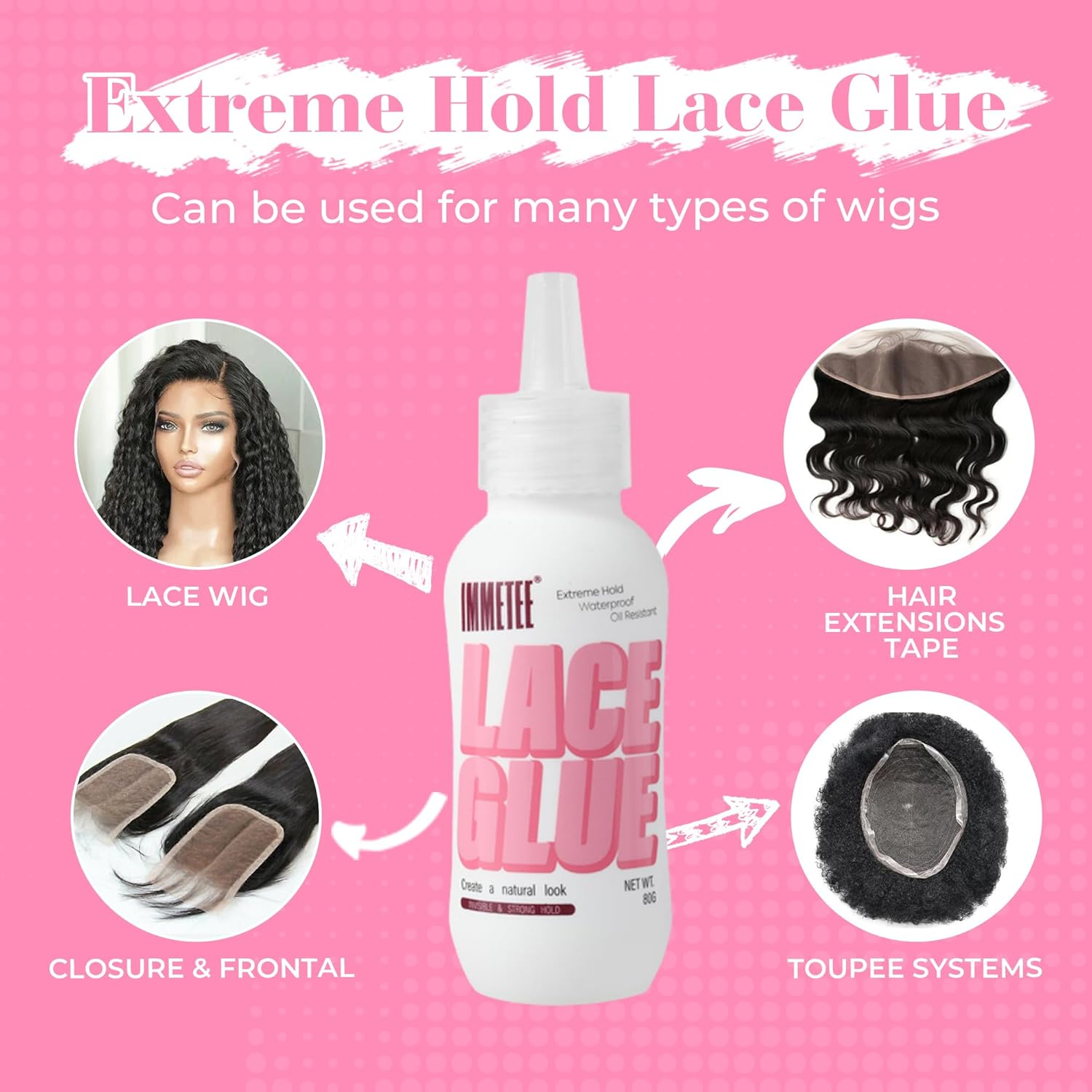 Immetee Lace Wig Glue, Hair Replacement Adhesive Invisible Bonding Glue, Extra Moisture Control Light Hold for Poly and Lace Hairpiece Wig Toupee.80G image number 1