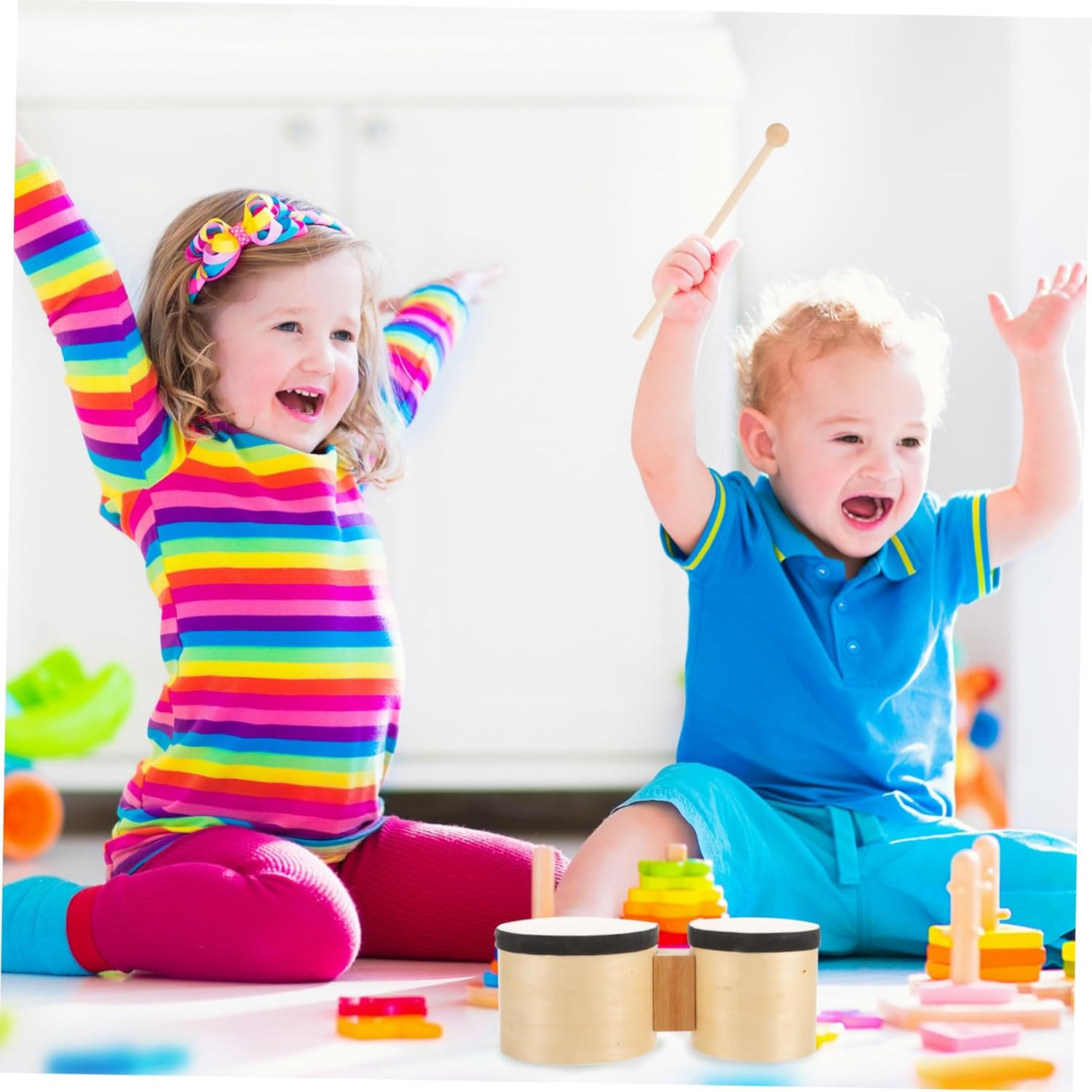 Generic Bongos Drum Set for Beginners 4-Inch and 5-Inch Handcrafted Percussion Instruments Music Toys for Adults Tuning Wrench image number 2