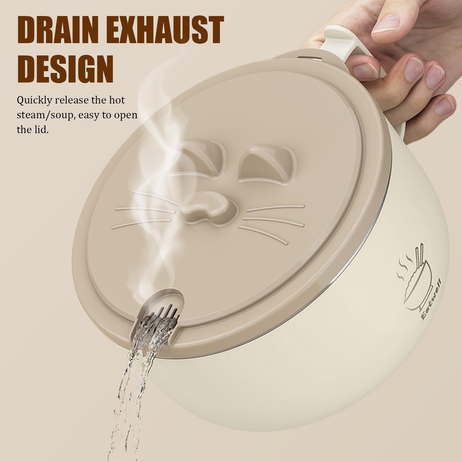 Ramen Bowl Set Noodle Bowls with Lid and Handles, Stainless-Steel Bowls with Drain Hole, Multifunctional Bowl Sets, BPA Free and Dishwasher Safe for Office College Dorm Room Instant Cooking - Beige image number 5