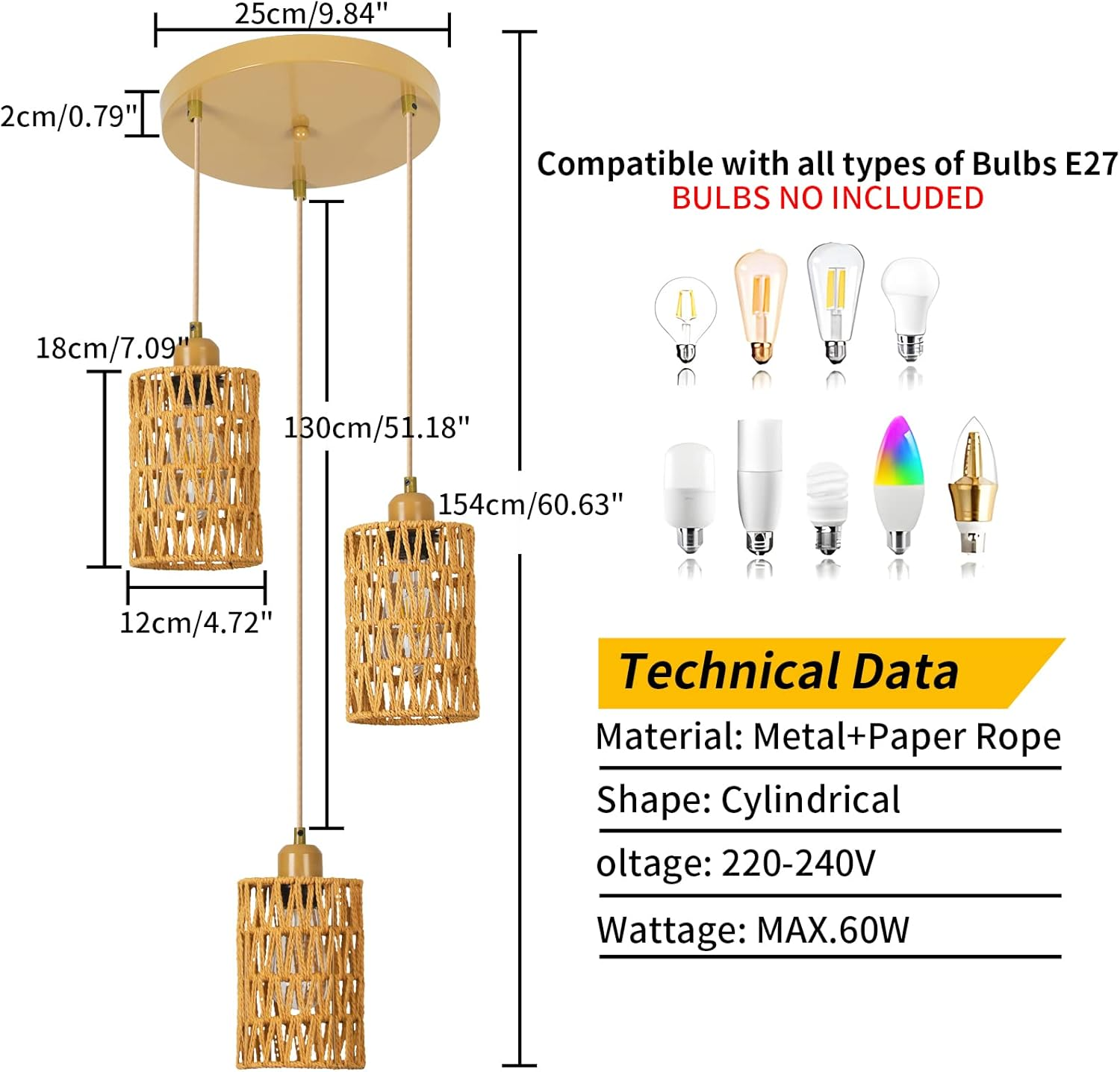 FORCOSO 3-Light Rattan Boho Pendant Lamp, Brown, 24X30Cm, E27, Indoor, Multiple Rooms - Rattan Ceiling Lamp image number 7