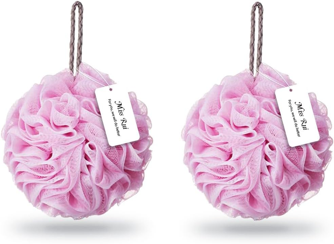 Miss Rui Shower Bath Sponge Shower Pouf Loofahs Balls 60G/Pcs for Body Wash Bathroom Men Women Kids Set of 2 Pink Sponges image number 5