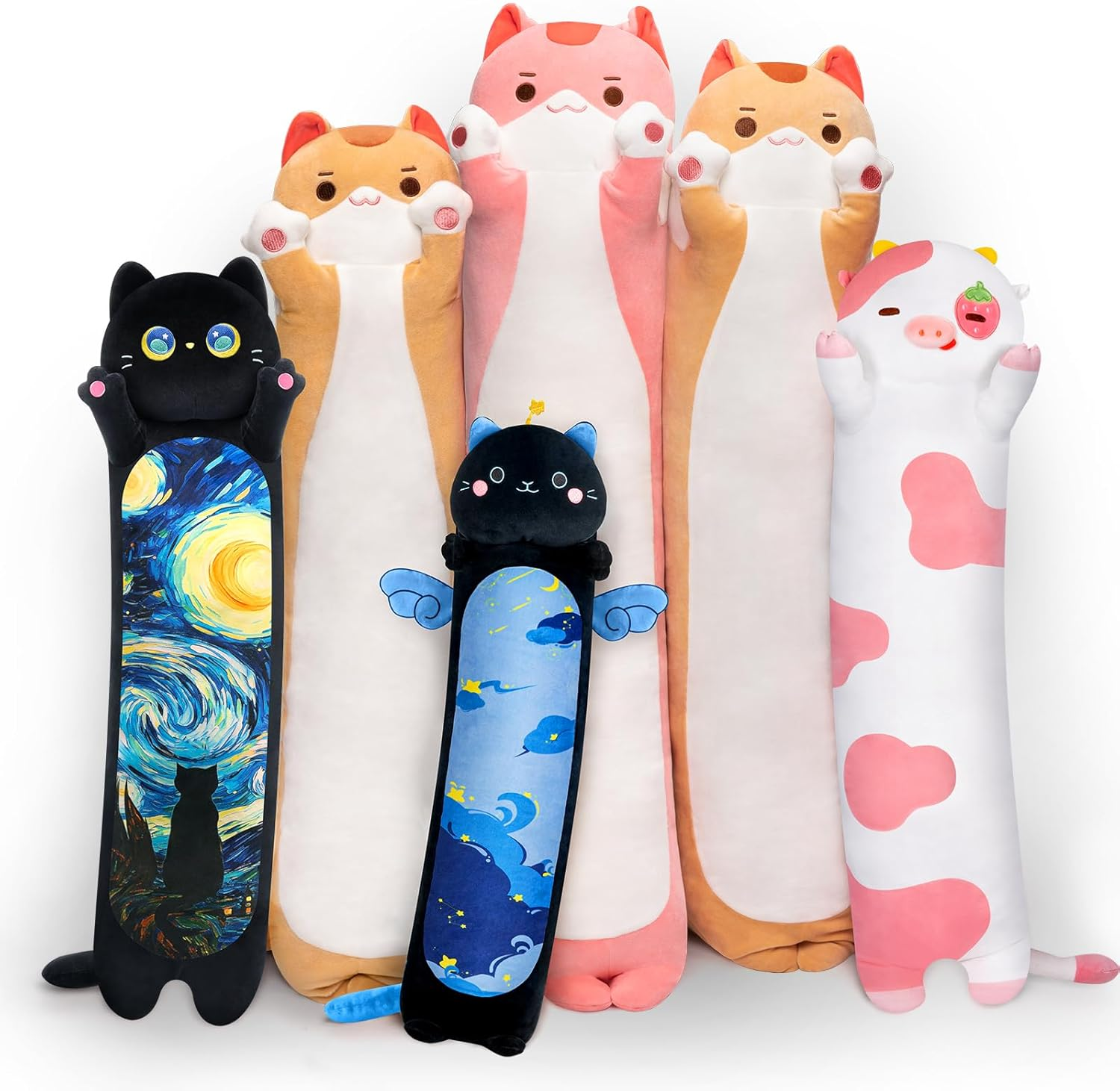 Mewaii Long Cat Plush Kawaii Body Pillow, 20&rdquo; Cute Black Cat Stuffed Animals Soft Plushies, Blue Star Kitten Big Plush Toys Throw Pillow Doll