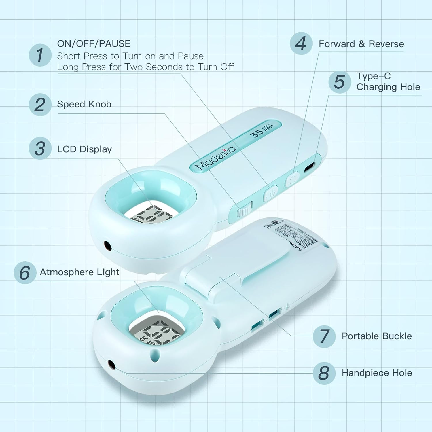 Madenia Rechargeable Electric Nail Drill Professional Portable E File Machine for Acrylic Gel Nails, Cordless Manicure Pedicure Polishing Tools, Blue image number 1