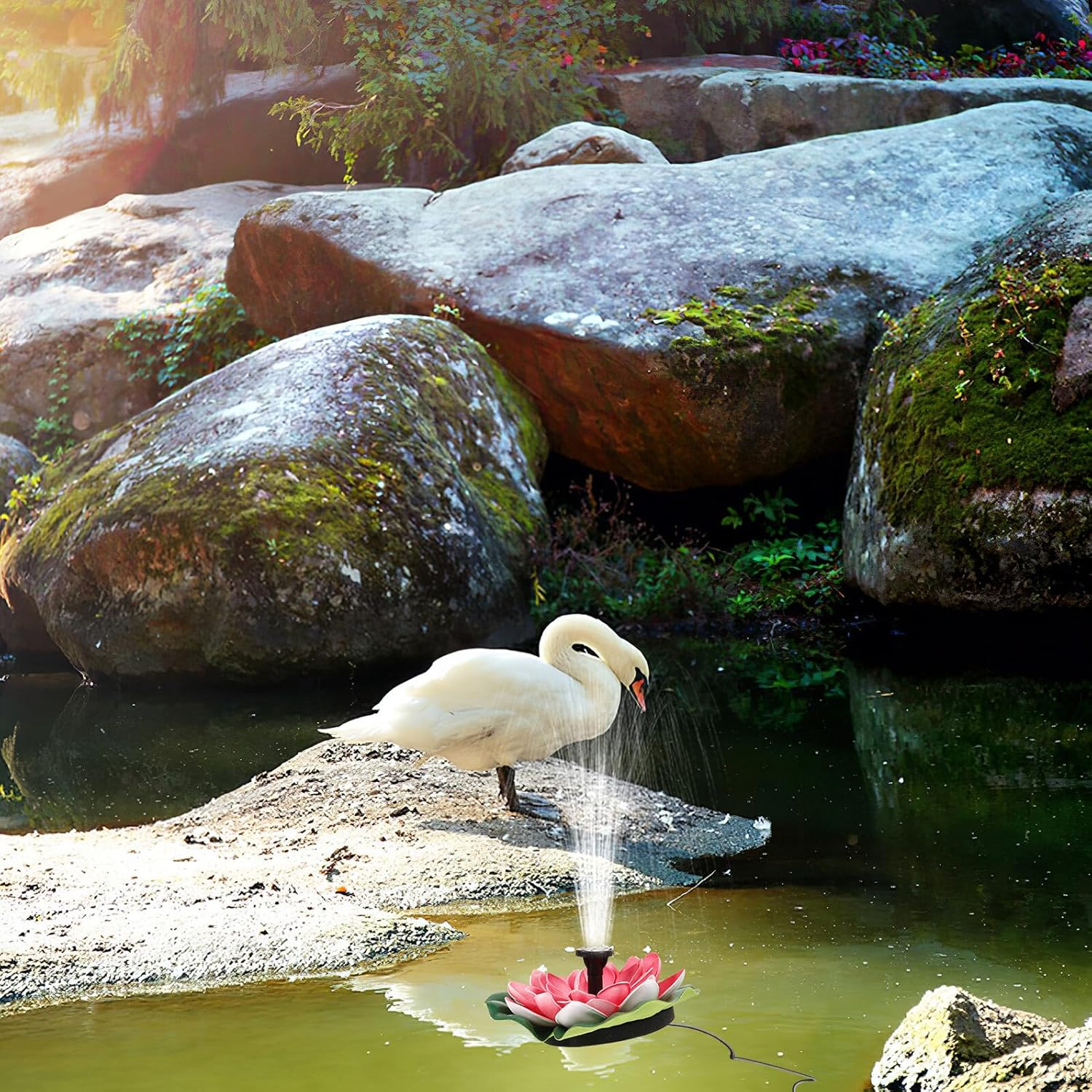 COHEALI Lotus-Shaped Solar Fountain Floating Water Feature for Outdoor Garden Landscape Decoration with Cherry Red Flower Design Battery Not Included image number 1