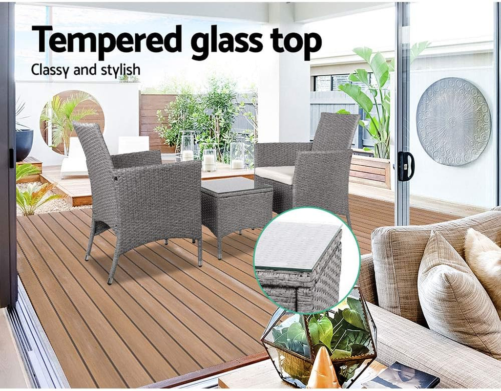 Gardeon 3Pcs Wicker Patio Furniture, Bistro Set Table and Chairs Outdoor Lounge Setting Conversation Sets Dining Chair Garden Backyard, Cushion with Rattan Coffee Table Glass Tabletop Grey image number 5