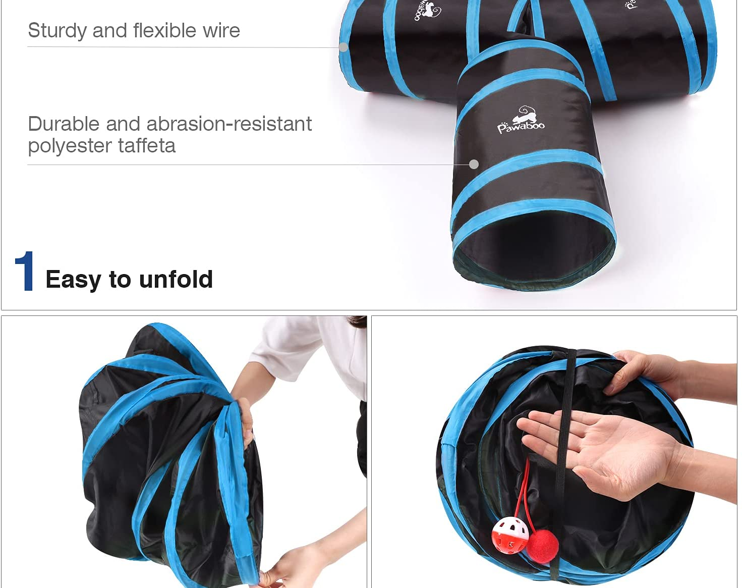 Pawaboo Cat Tunnel, Premium 3 Way Tunnels Extensible Collapsible Cat Play Tunnel Toy Maze Cat House with Pompon and Bells for Cat Puppy Kitten Rabbit, Black & Light Blue