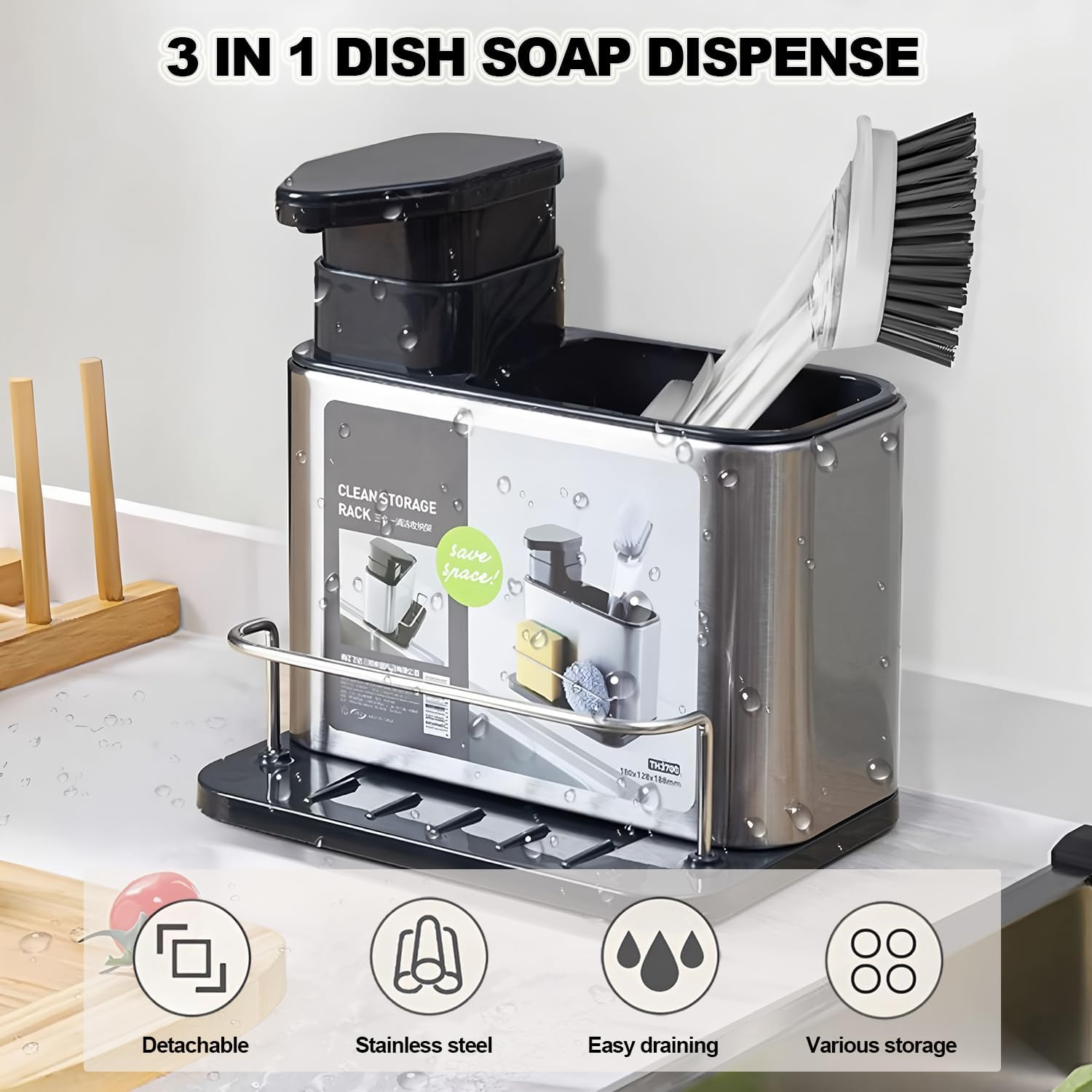 AIMANWEI 3-In-1 Hand and Dish Soap Dispenser Set for Kitchen,340Ml Stainless Stee Kitchen Soap Dispenser,Sink Caddy Sponge Holder Rack Shelf, for Hand Sanitizer, Bathroom Shower image number 6