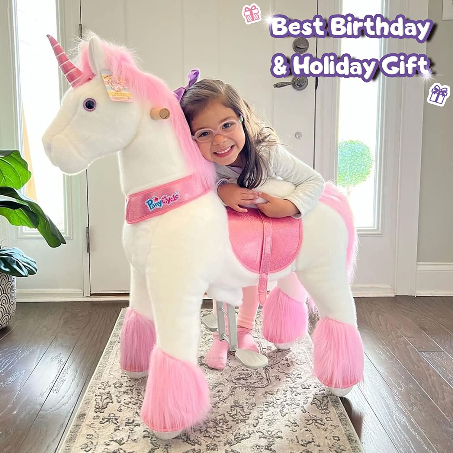 Ponycycle Model U-2021 Ride on White Horse Pink Unicorn Toy Plush Walking Animal Medium Size for Age 4-9 Ux402