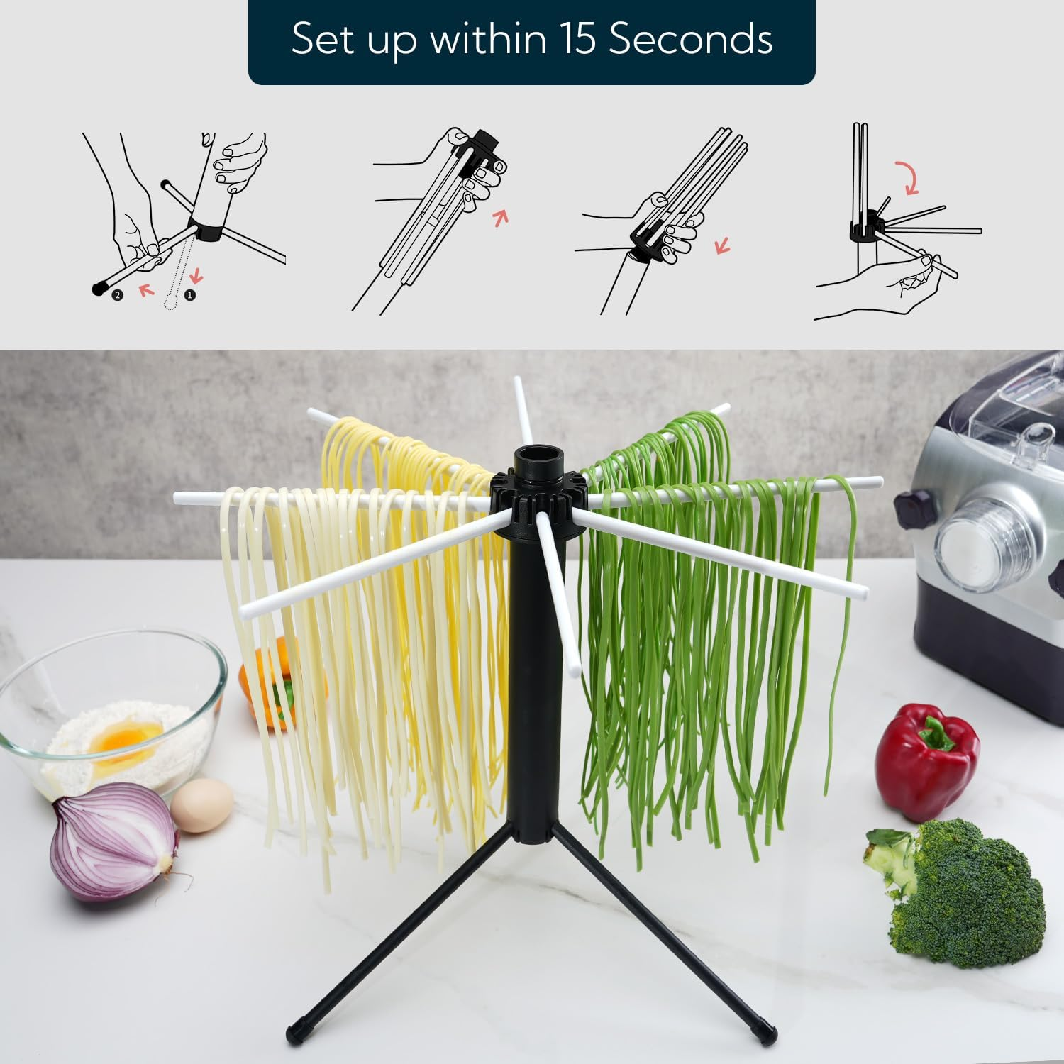 KITCHENDAO Collapsible Pasta Drying Rack, Easy Storage, Quick Set Up, Foldable Pasta Dryer Rack, Fresh Spaghetti Noodle Tree Stand Hanger, Detachable for Easy Cleaning, Rotatable Arms, Hold up to 5Lbs