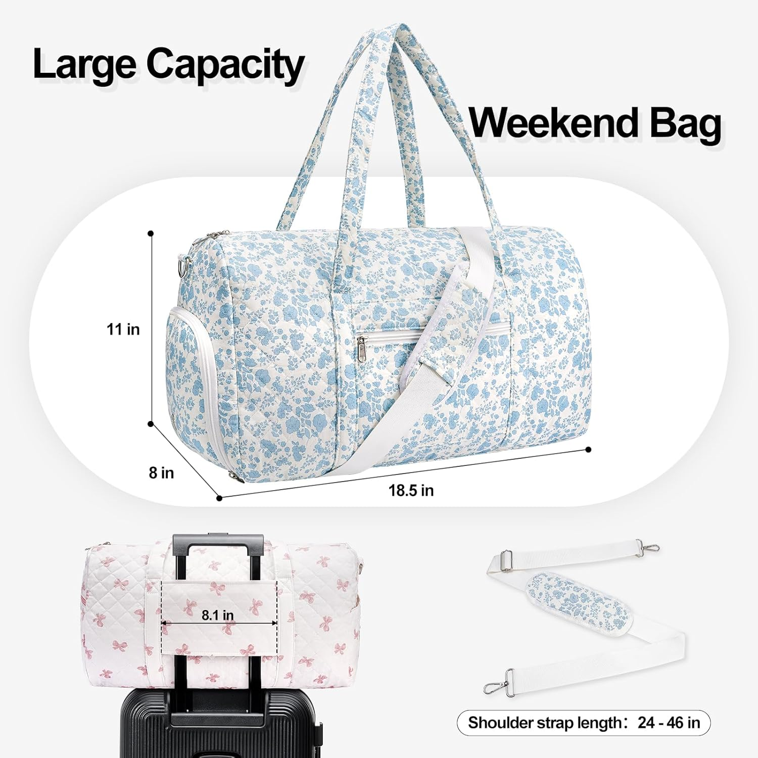 Gym Bag for Women, Cute Duffle Bag, Quilted Duffle Bag for Travel, Floral Duffle Bags, Weekend Bag with Zipper Pocket Dance Bag Organizer, Quilted-Blue Flowers, with Shoe Compartment image number 7