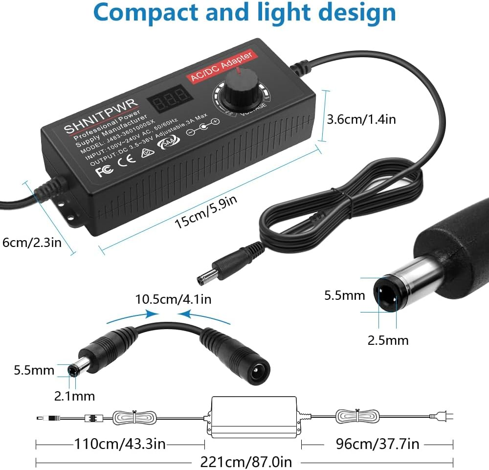 SHNITPWR 108W Universal Power Supply Adjustable DC 3.5V~36V 3A AC/DC Adapter 12V 24V 36V 5V 6V 9V 14V AC Adapter Multi-Voltage 100V~240V AC to DC Variable Power Converter DC Power Adapter with 14 Tips image number 6
