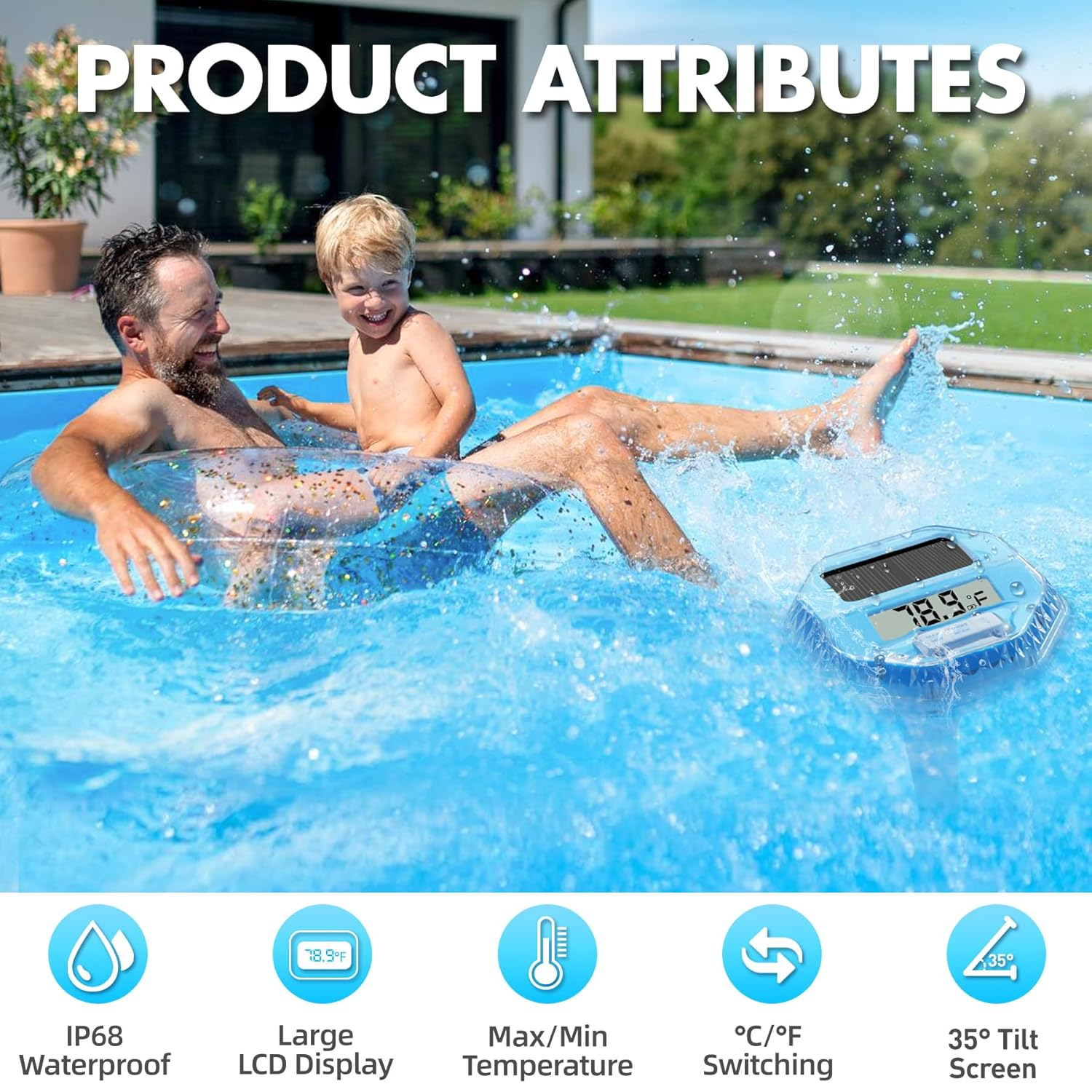 2025 Upgrade Digital Pool Thermometer Floating Easy Read, Solar Pool Thermometer with Dynamic Light Show, Large LCD Screen & IP68 Waterproof Pools Water Temperature Thermometers for Hot Tub