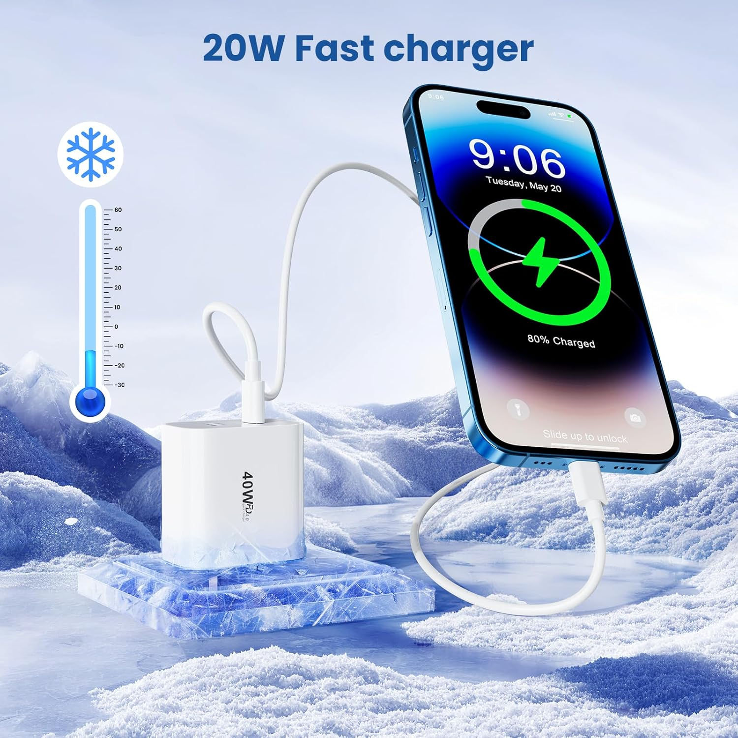 USB C Charger, 40W Dual Port Fast Charger with 2M USB C Cable & Lightning Cable, PD 20W Iphone Charger Plug for Iphone 17/16/15/14/13, Ipad, Galaxy, Pixel, and More image number 3
