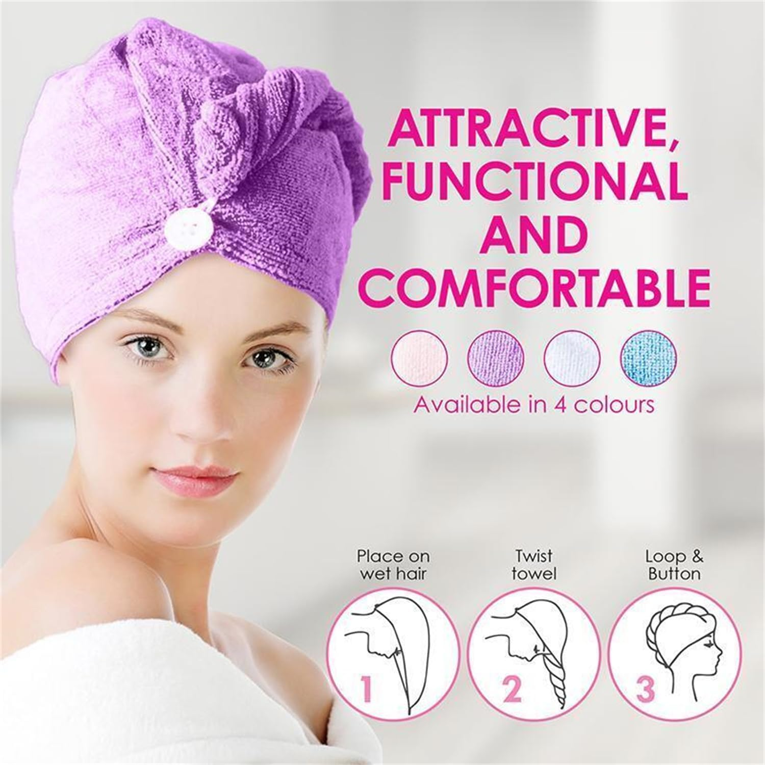 Leona Co Microfiber Hair Towel Wrap, Hair Turban Towel Super Absorbent Twist Dry Hair Caps with Buttons Bath Loop Fasten Salon Dry Hair Hat (Randomly Color) image number 3