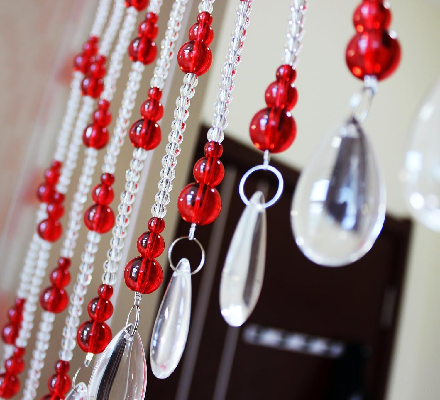 Rekelola Hanging Glass Door Beads Beaded Curtains Valance Self-Adhesive for Doorways Crystals Stran Arched Windows, Clear Crystal Room Bead Partition Curtain Frame Closets 7 Red (Zl-202304-Red) - Blue image number 5