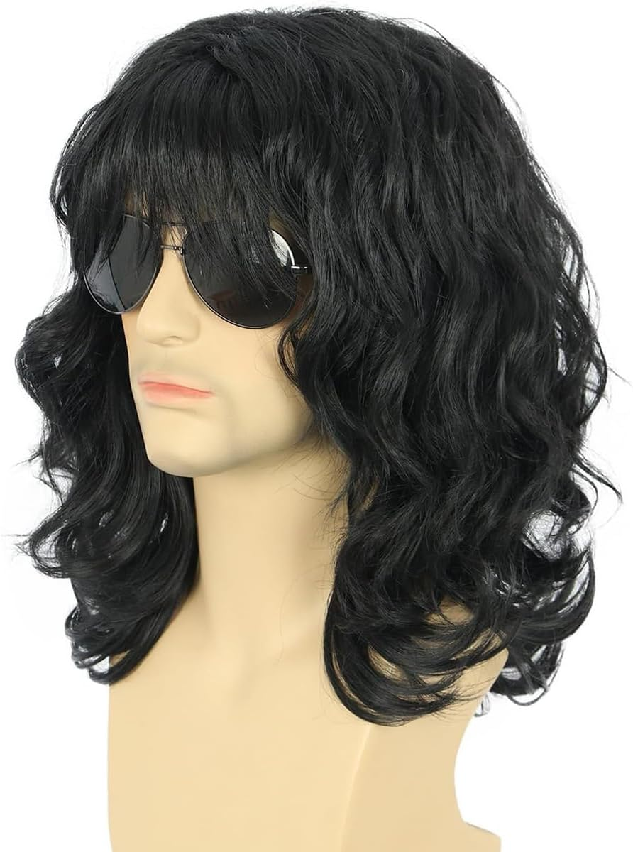 AIMALL 70S 80S Rock Style Men'S Wig &ndash; 13.5In Medium Long Black Curly Synthetic Fibre Costume Wig for Cosplay, Disco Party, Halloween, Retro Rocker Look image number 4
