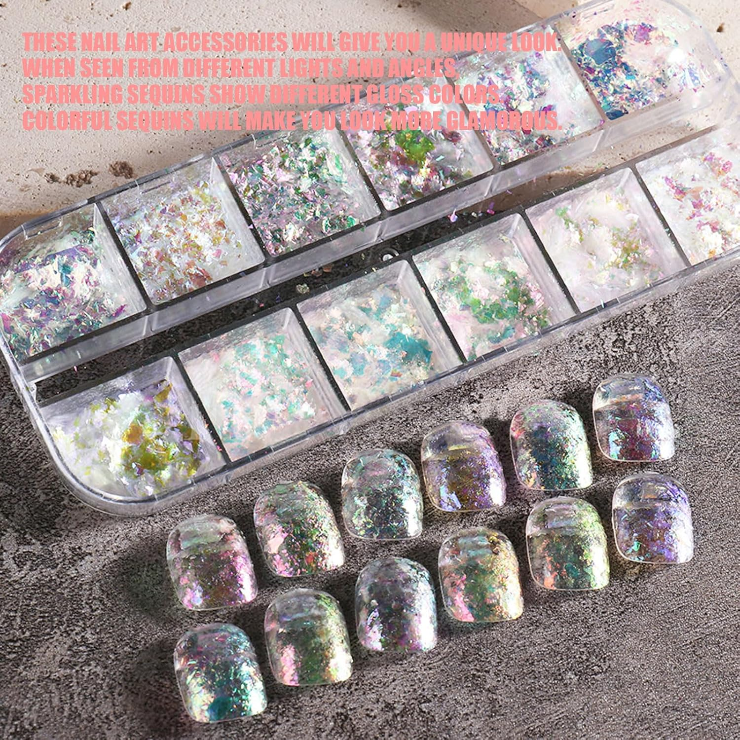 Holographic Nail Glitter,1Boxes 12Grids Nail Flakes Aurora Iridescent Irregular Paillettes,Mermaid Bright Colorful Ice Foil Nail Sequins for DIY Nail Art Decoration Shining Flakes