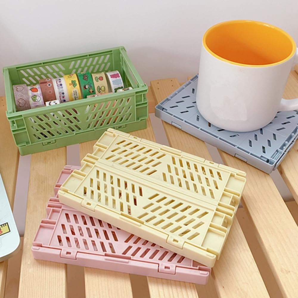 6 Pack Mini Folding Storage Baske, Mini Folding Baskets Plastic Shelf Storage Organizer,Plastic Storage Baskets for Desk Organizing, Office Drawer Organizer image number 1