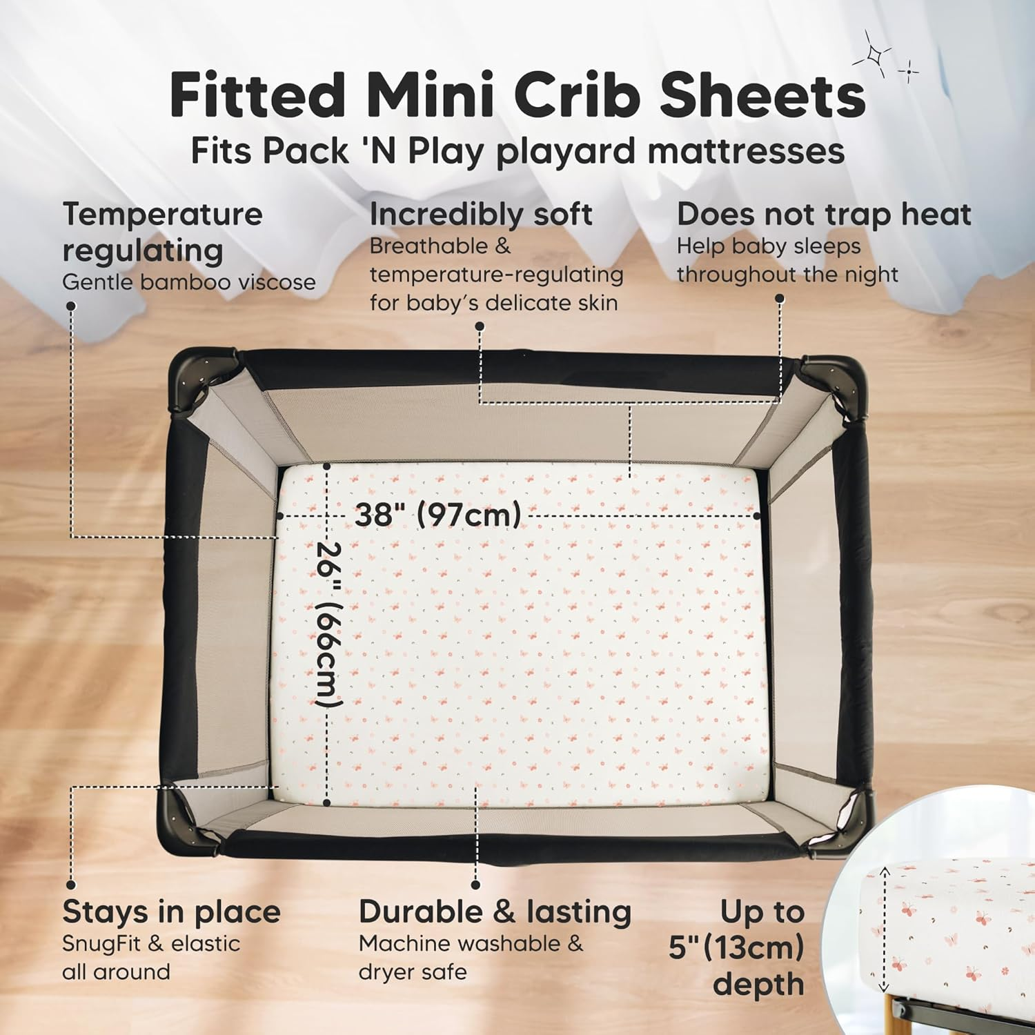 2-Pack Mini Cot Sheets Fitted - Bamboo Baby Cot Sheets Fitted for Pack N Play Mattress 97X66Cm, Soft & Cozy, Neutral Toddler Playard Bedding, Snug Mini Baby Crib Mattress Cover Boy, Girl (Butterflies)