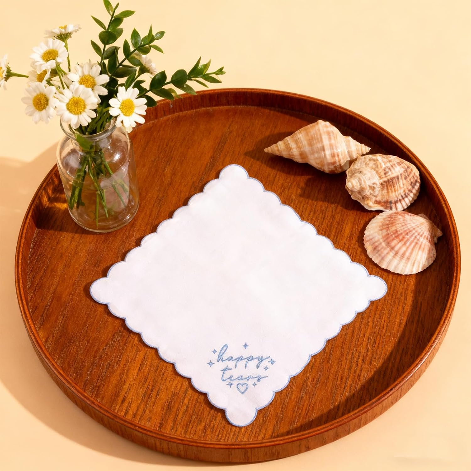 Fukaisu Happy Tears Embroidered Handkerchief, 10X10In/25X25Cm Bridal Handkerchief with Blue Embroidered Scalloped Edges and Hearts image number 6