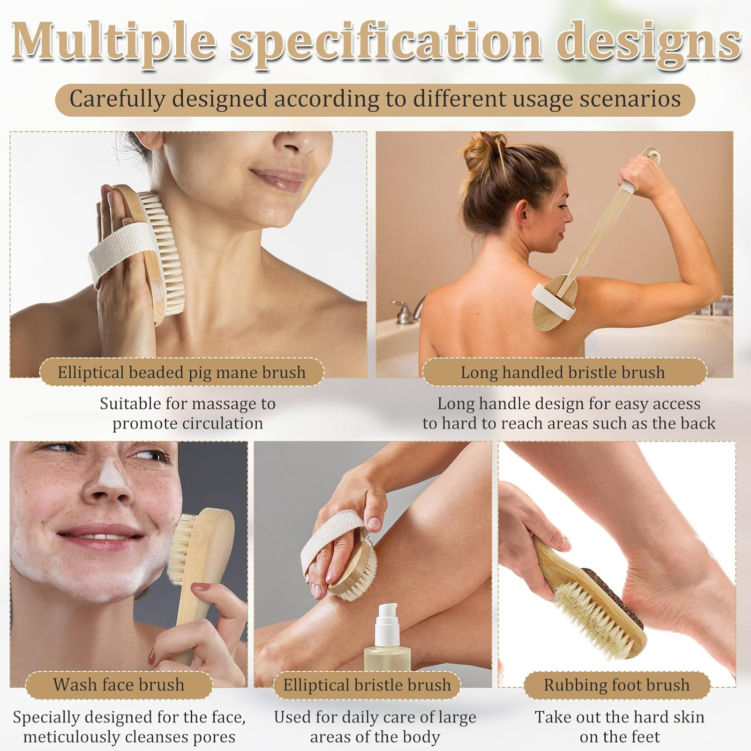 DJAPWPX 5 Pcs Dry Body Brush with Wooden Handle Exfoliating Body Face Foot Cleaning Brush Dead Skin Removal for Back Face Foot