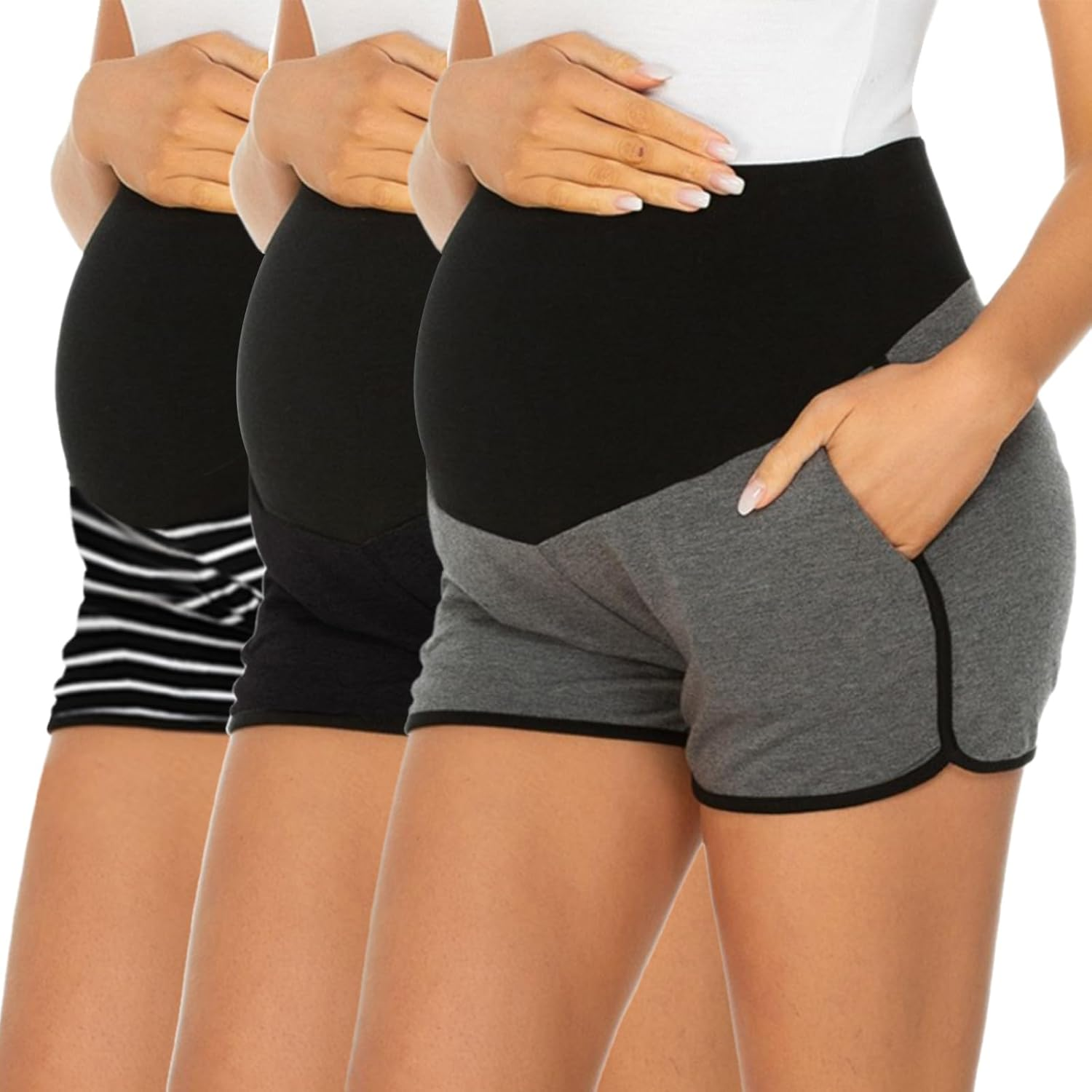Ecavus 3 Pack Women'S Maternity Shorts Workout Stretchy Lounge Sports Yoga over Belly Pregnancy Shorts for Women with Pockets