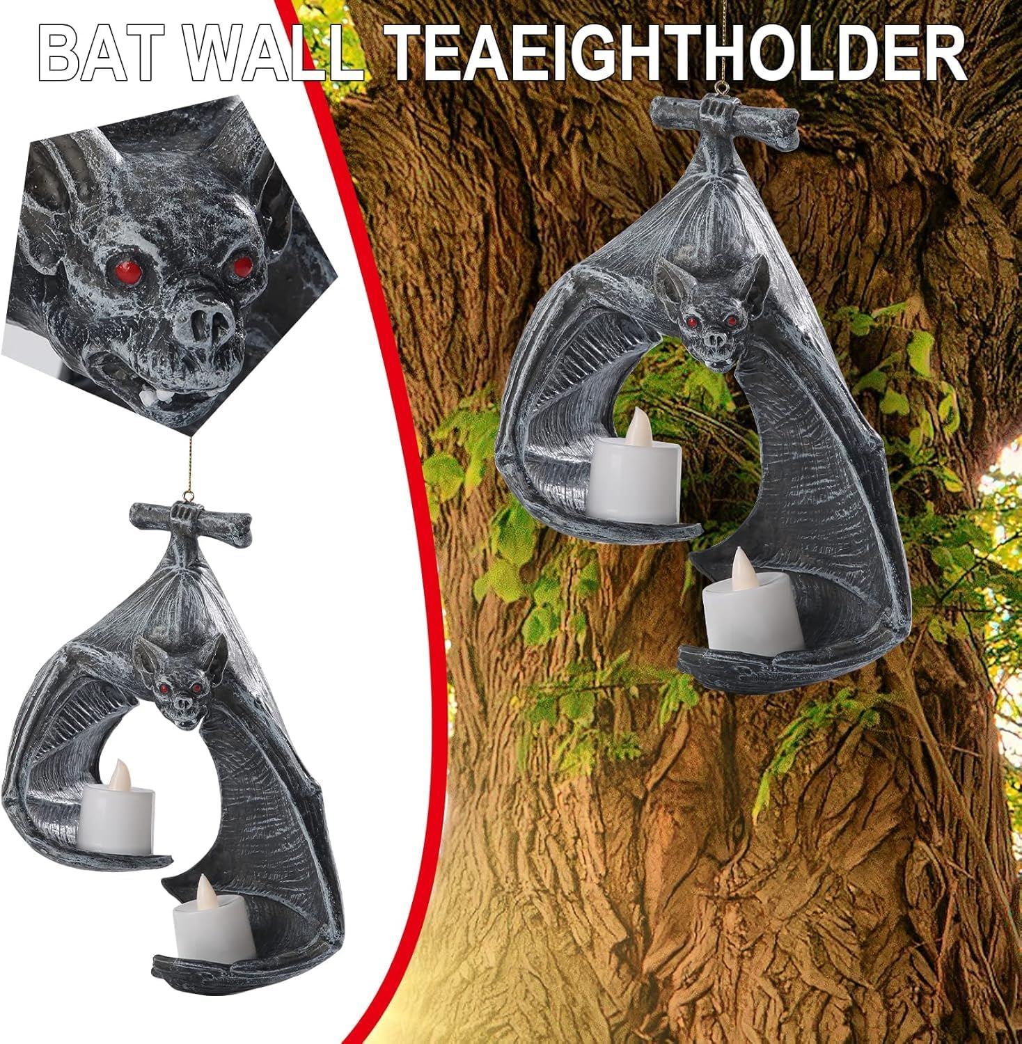 Gothic Bat Wall Sconce Tealight Candle Holder with Candles, Halloween Decoration image number 2