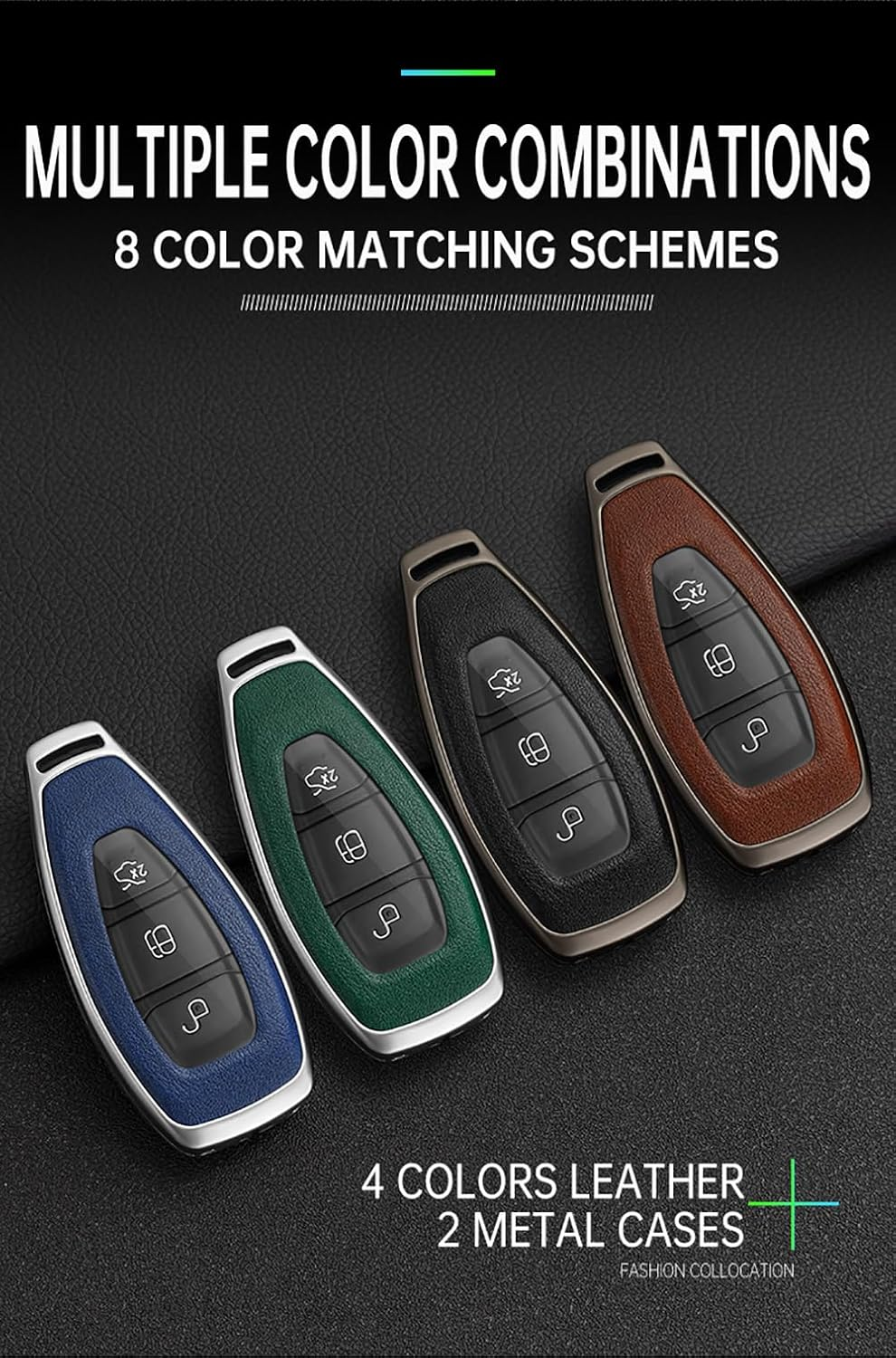 Zinc Alloy Car Key Case Key Fob Cover Leather Fit for Ford Fiesta Focus Kuga C-Max Galaxy B-Max S-Max Mondeo Mk2 MK3 Edge Key Fob Holder Keyring 3 Buttons Key Shell Key Chain Silvery Brown image number 3